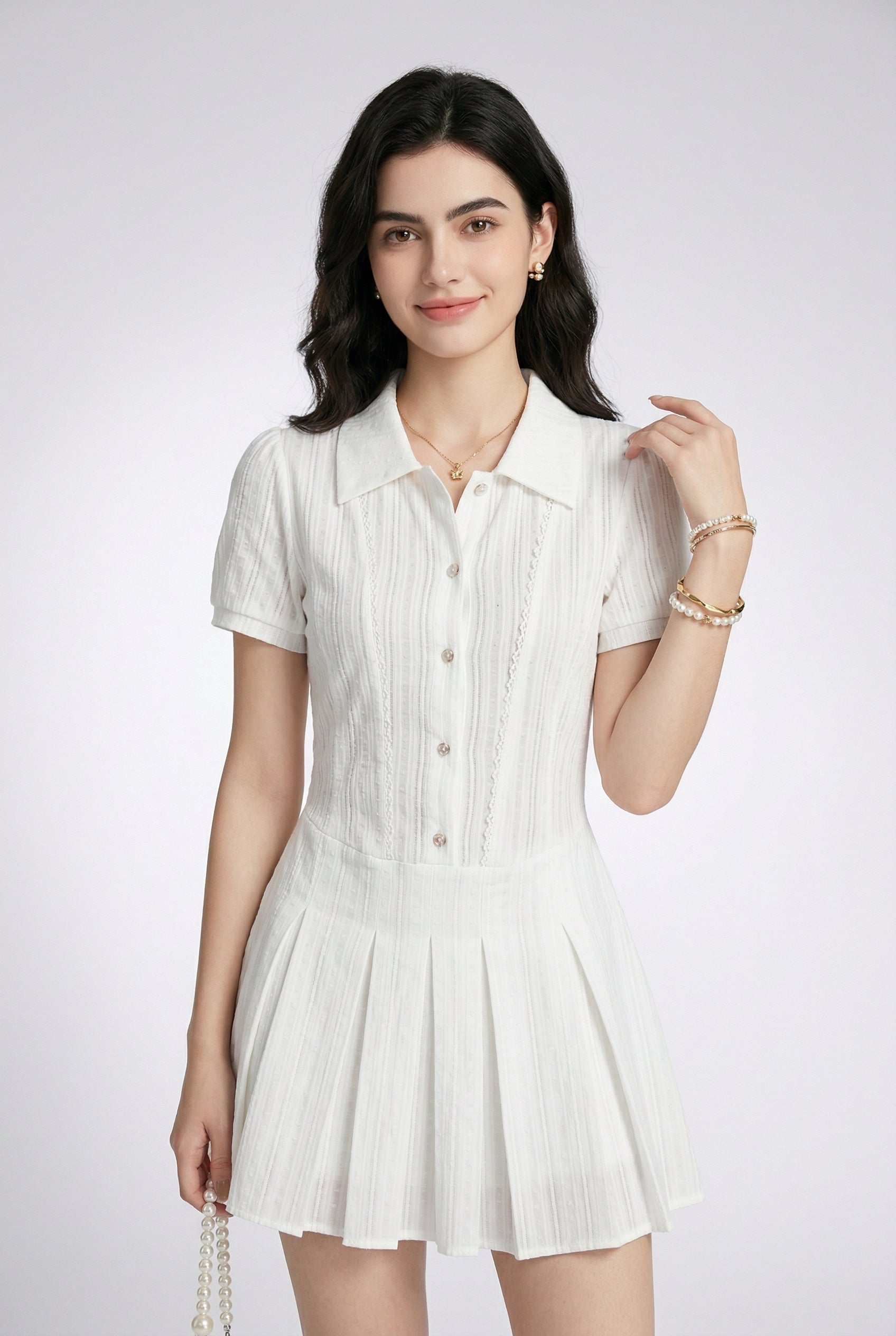 Cream Pleated Polo Mini Dress