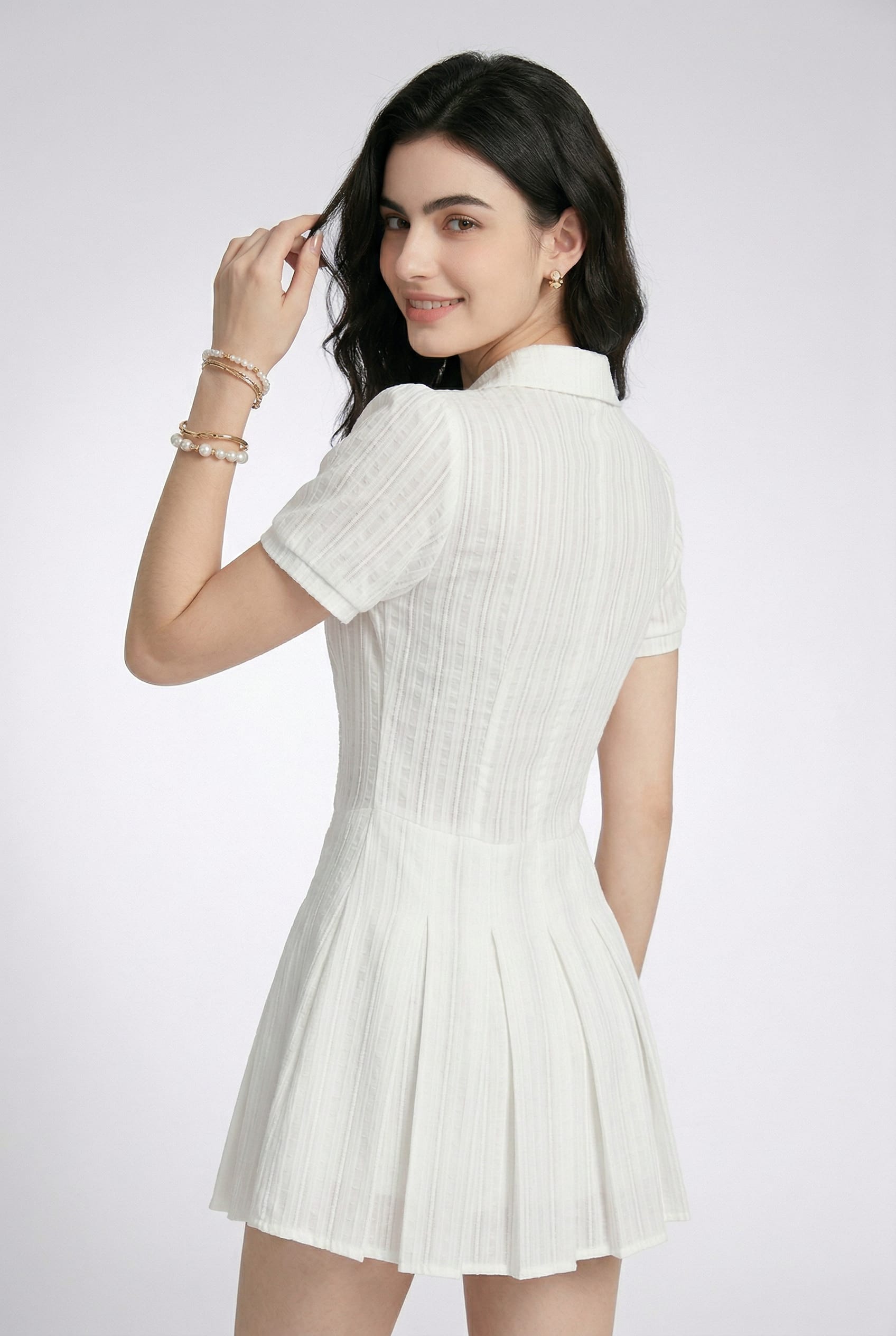 Cream Pleated Polo Mini Dress