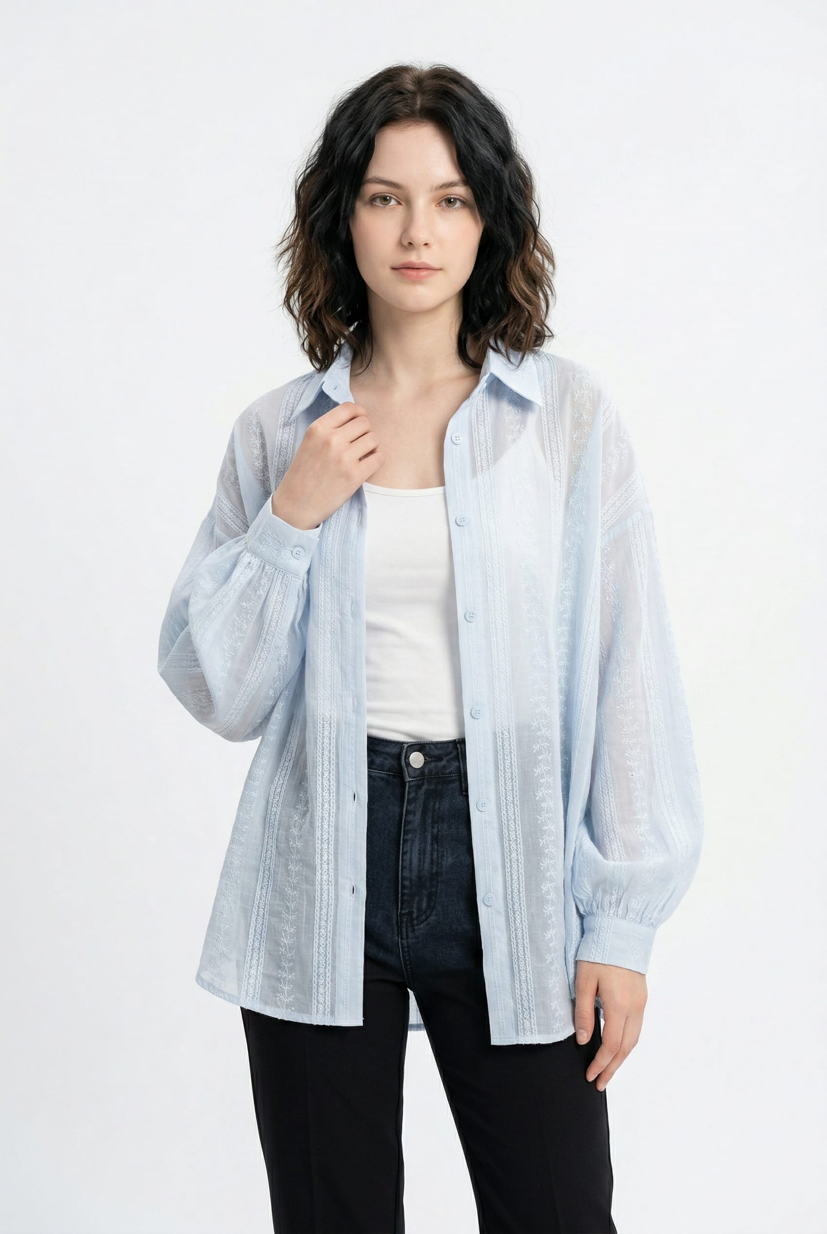 Light Blue Sheer Embroidered Shirt