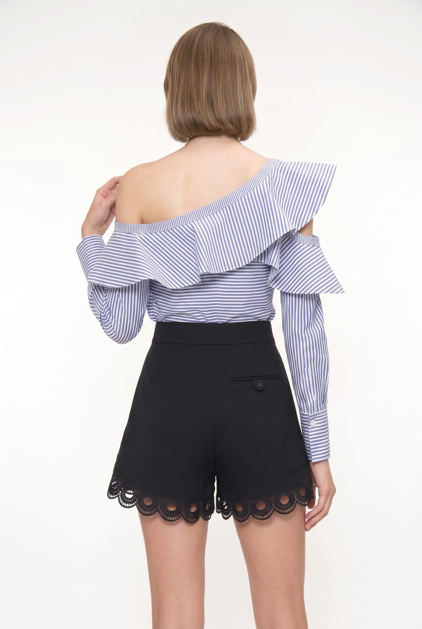 Blue Striped Off-Shoulder Ruffle Blouse
