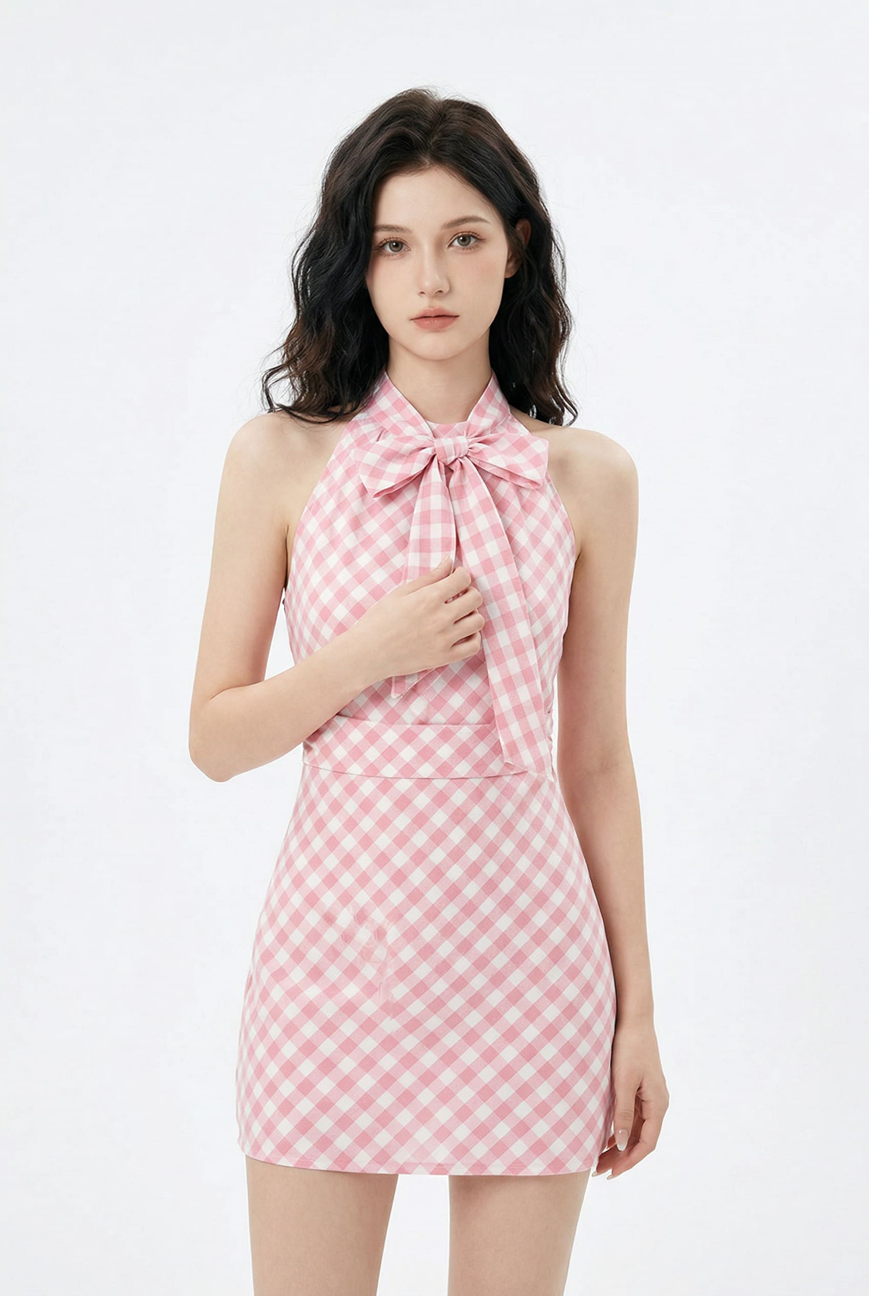 Pink Gingham Halter Mini Dress
