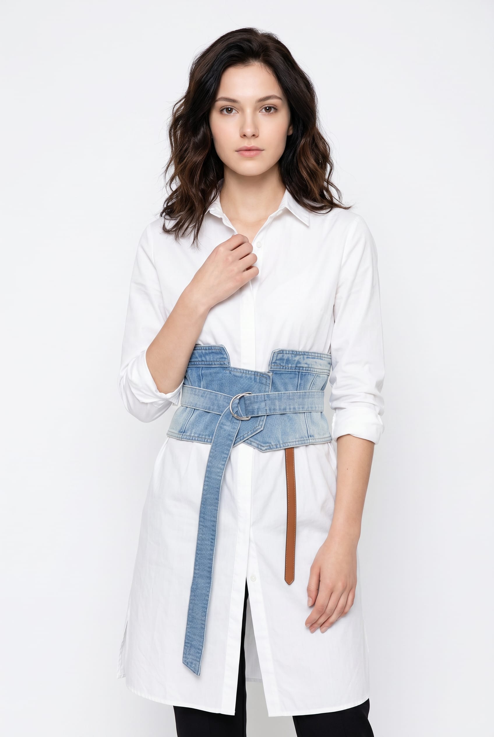 White Longline Shirt with Denim Belt