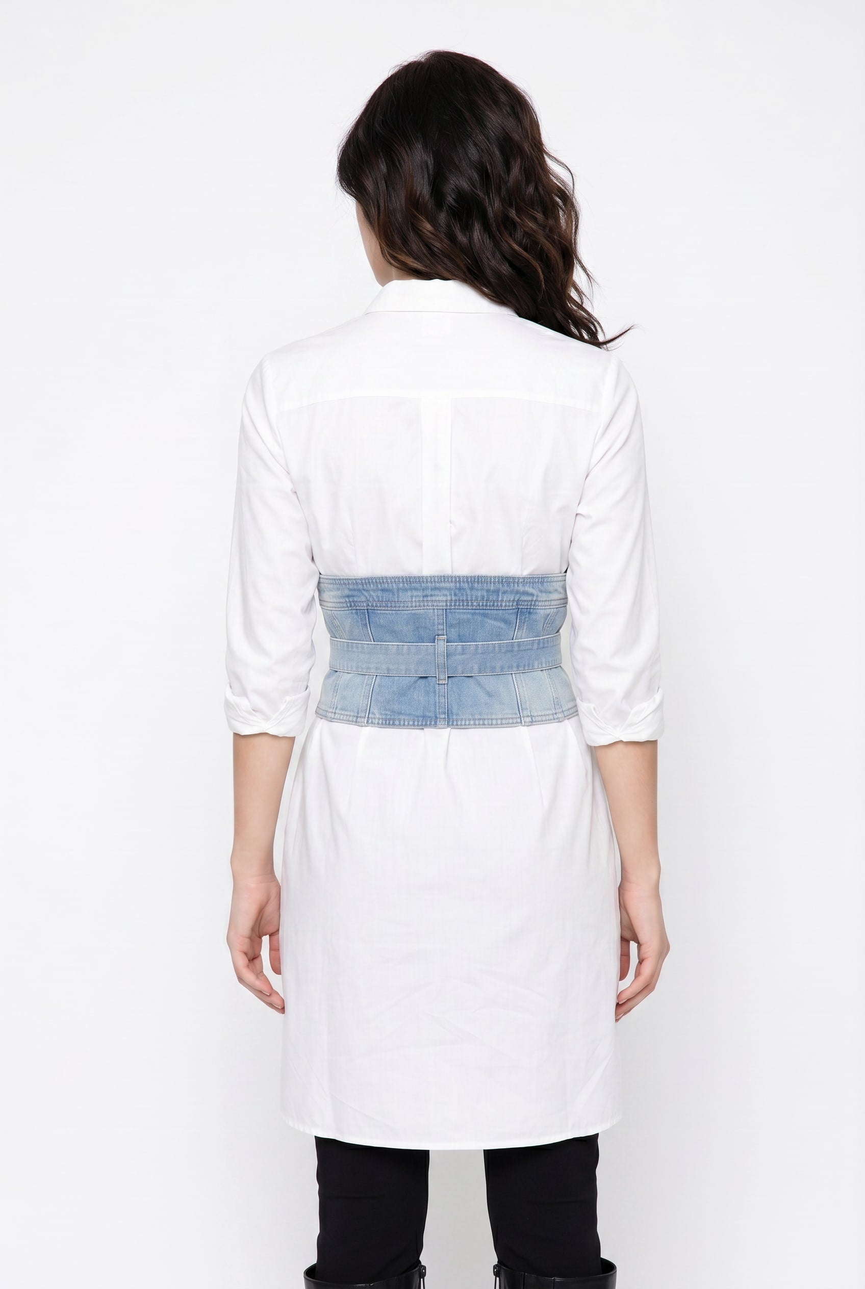 White Longline Shirt with Denim Belt