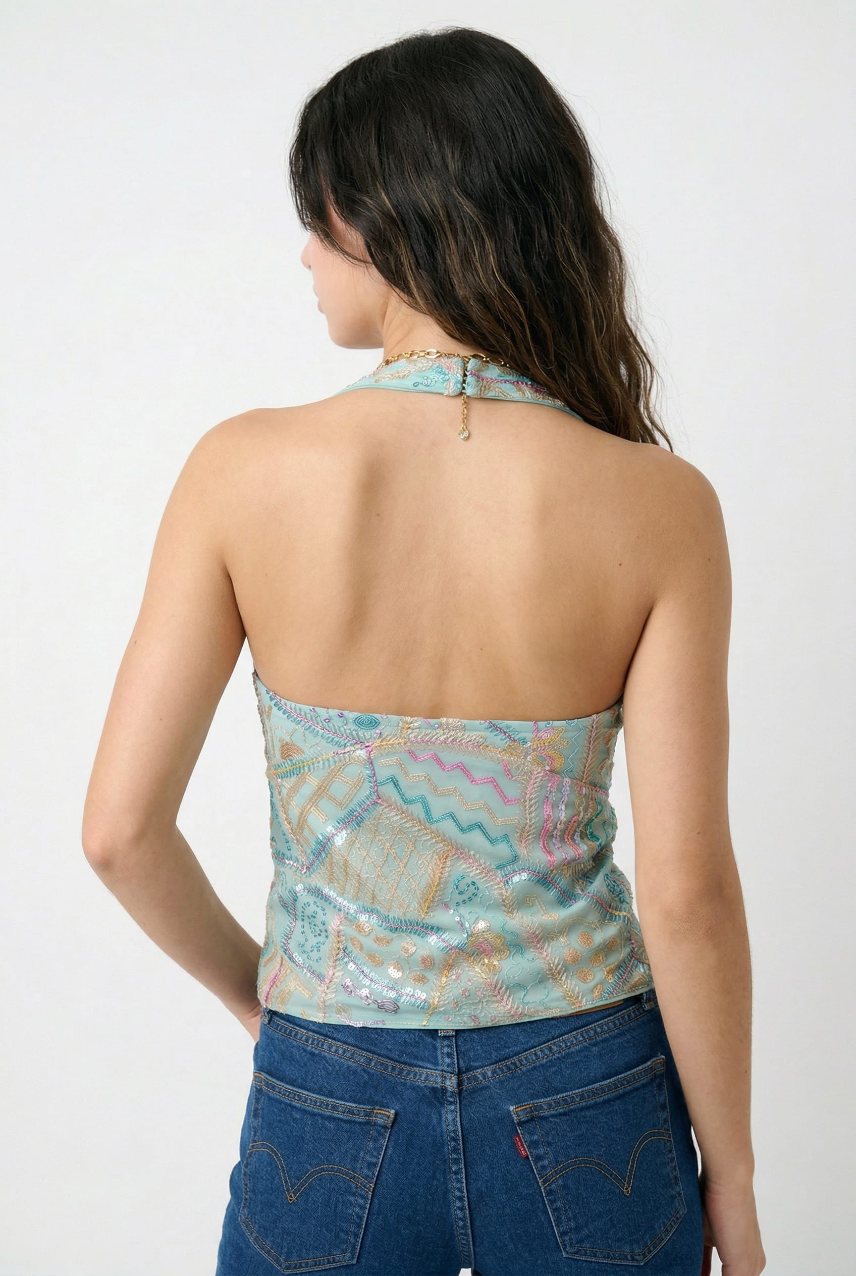 Turquoise Embroidered Halter Neck Top