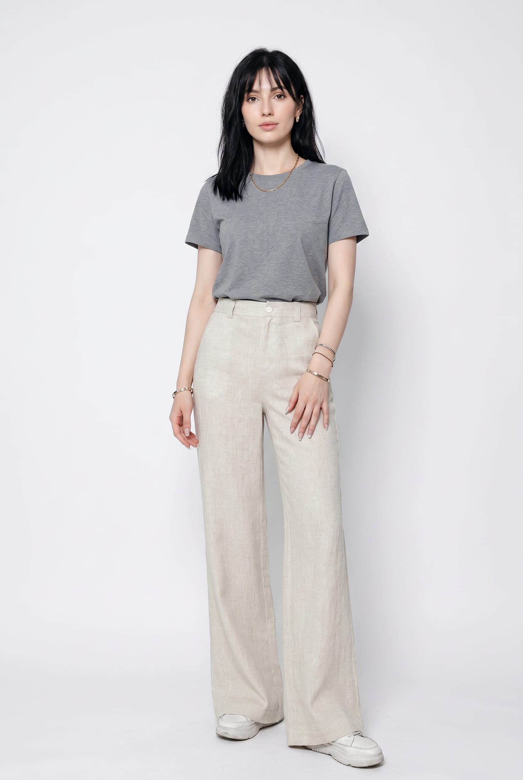 Natural Linen Wide-Leg Tailored Trousers