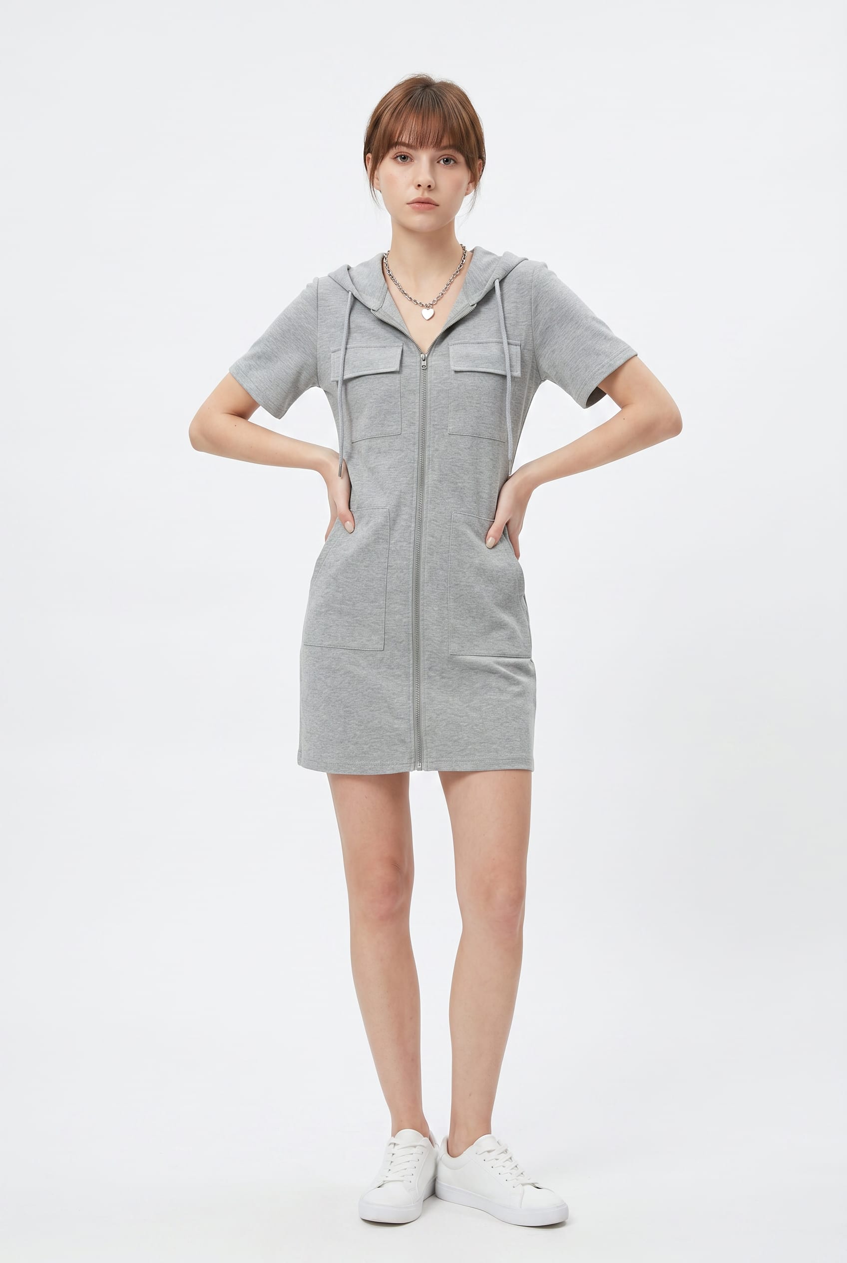 Grey Hooded Zip-Front Utility Dress