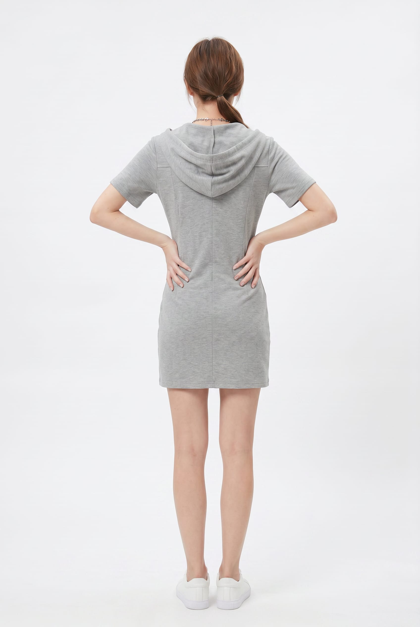 Grey Hooded Zip-Front Utility Dress