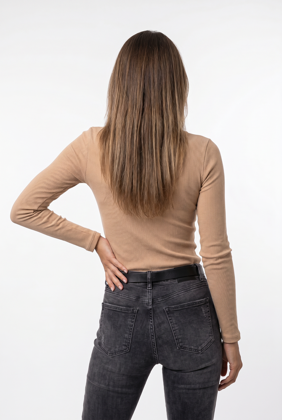 Beige Ribbed Zip-Front Bodysuit