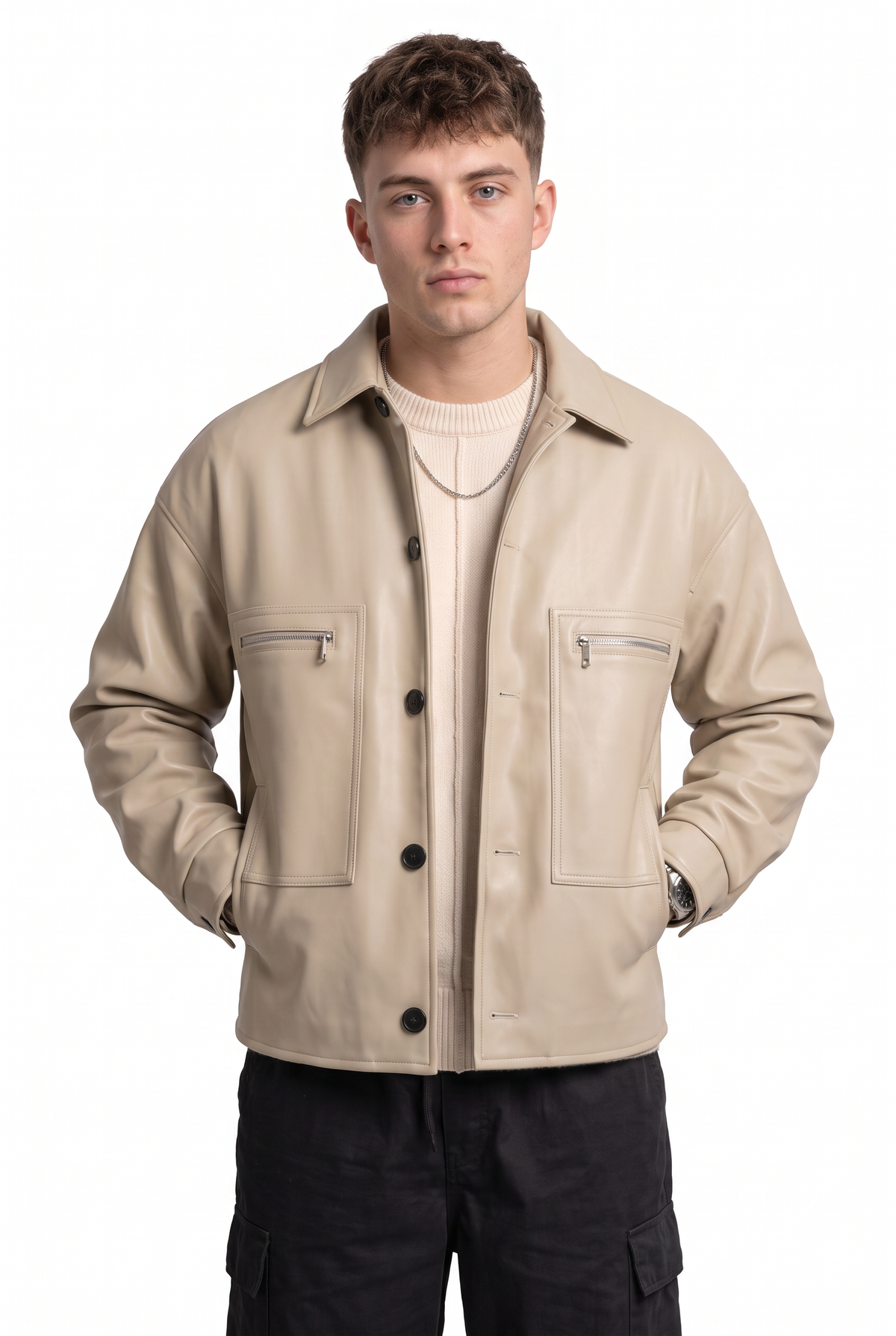 Leather Beige Shirt Jacket