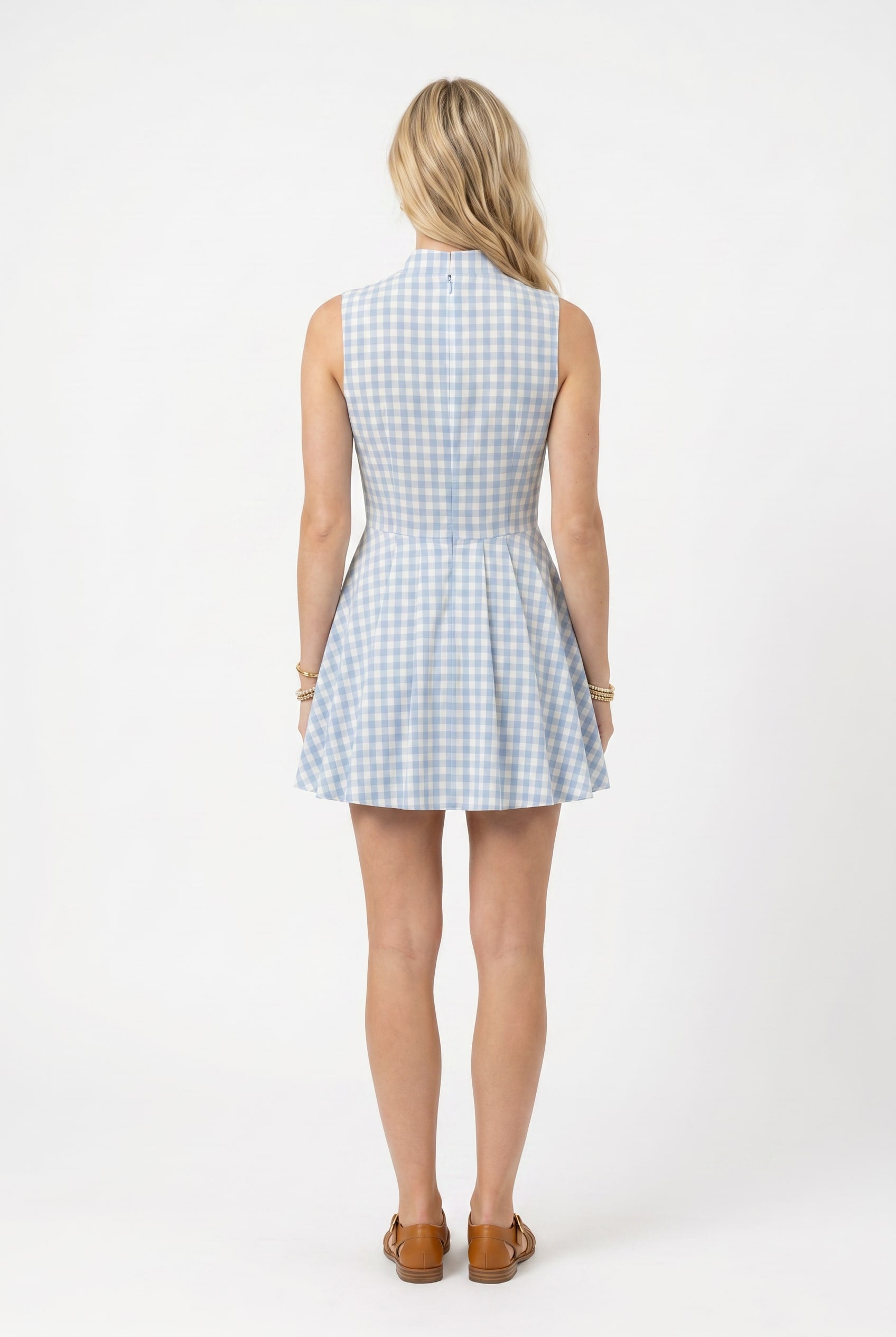 Sky Blue Gingham Tie-Neck Mini Dress