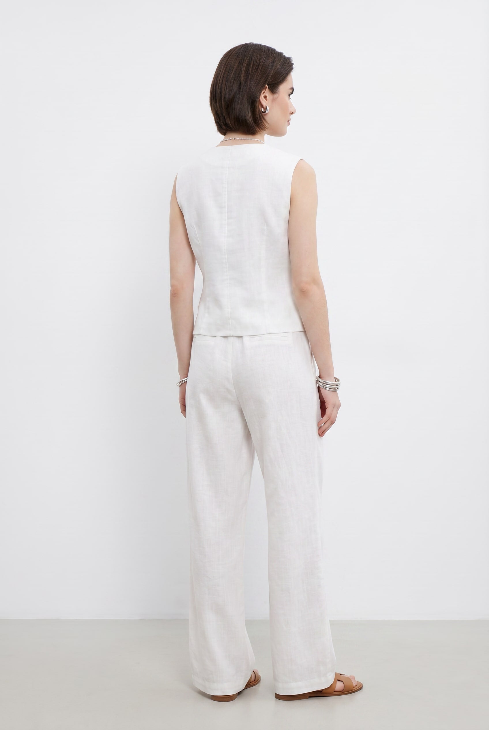 White Linen Wide-Leg Tailored Trousers