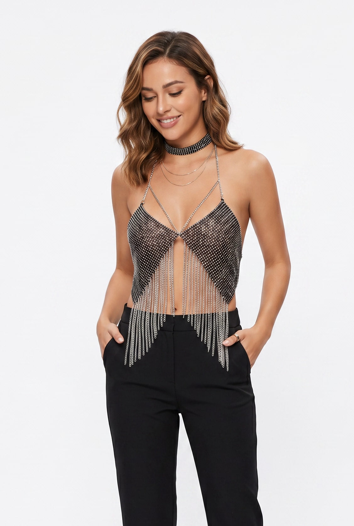 Silver Rhinestone Chain Fringe Halter Top