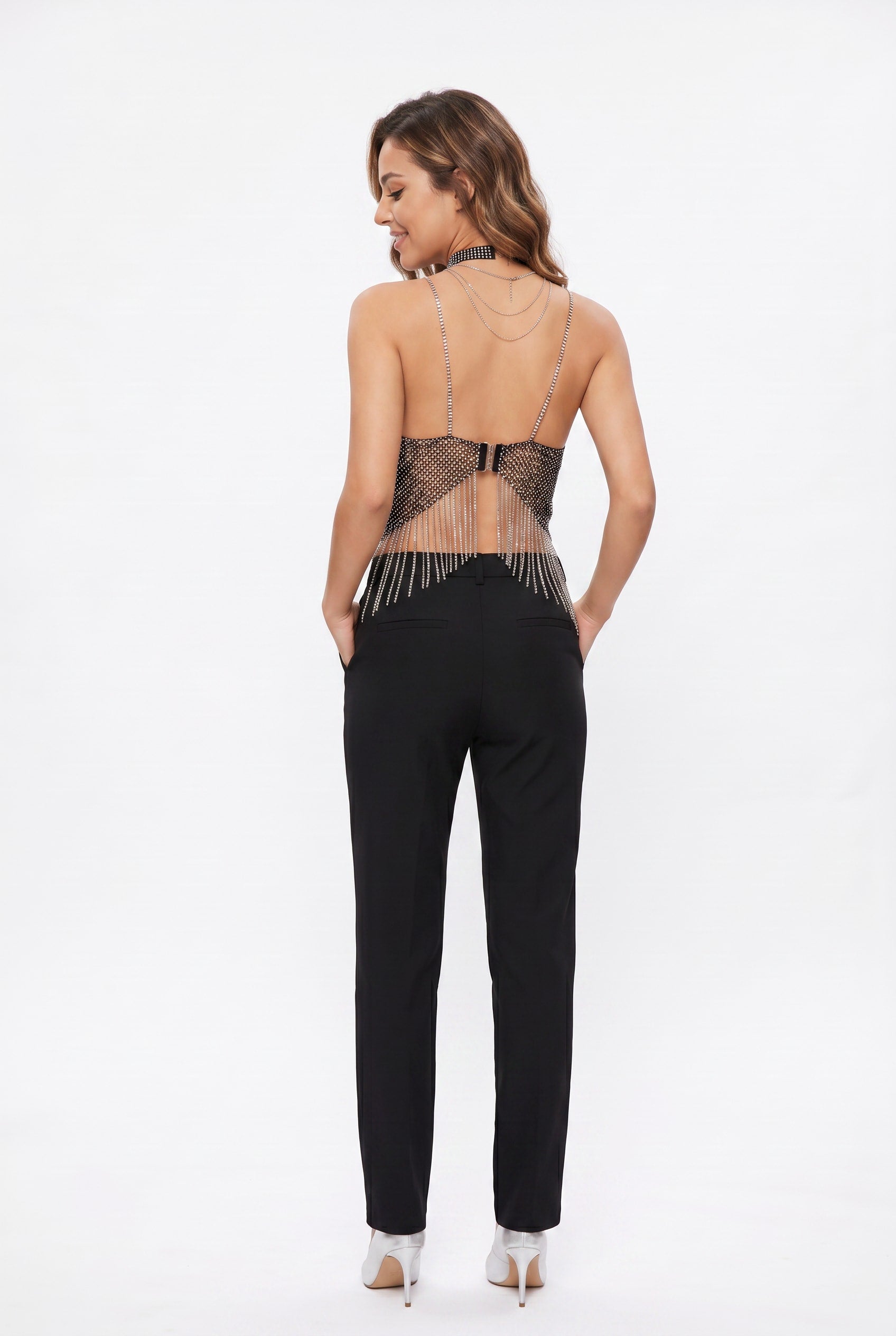Silver Rhinestone Chain Fringe Halter Top