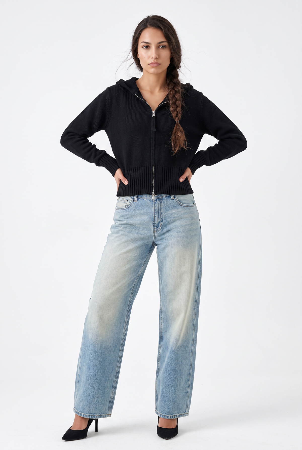 Black Cropped Knit Zip Hoodie