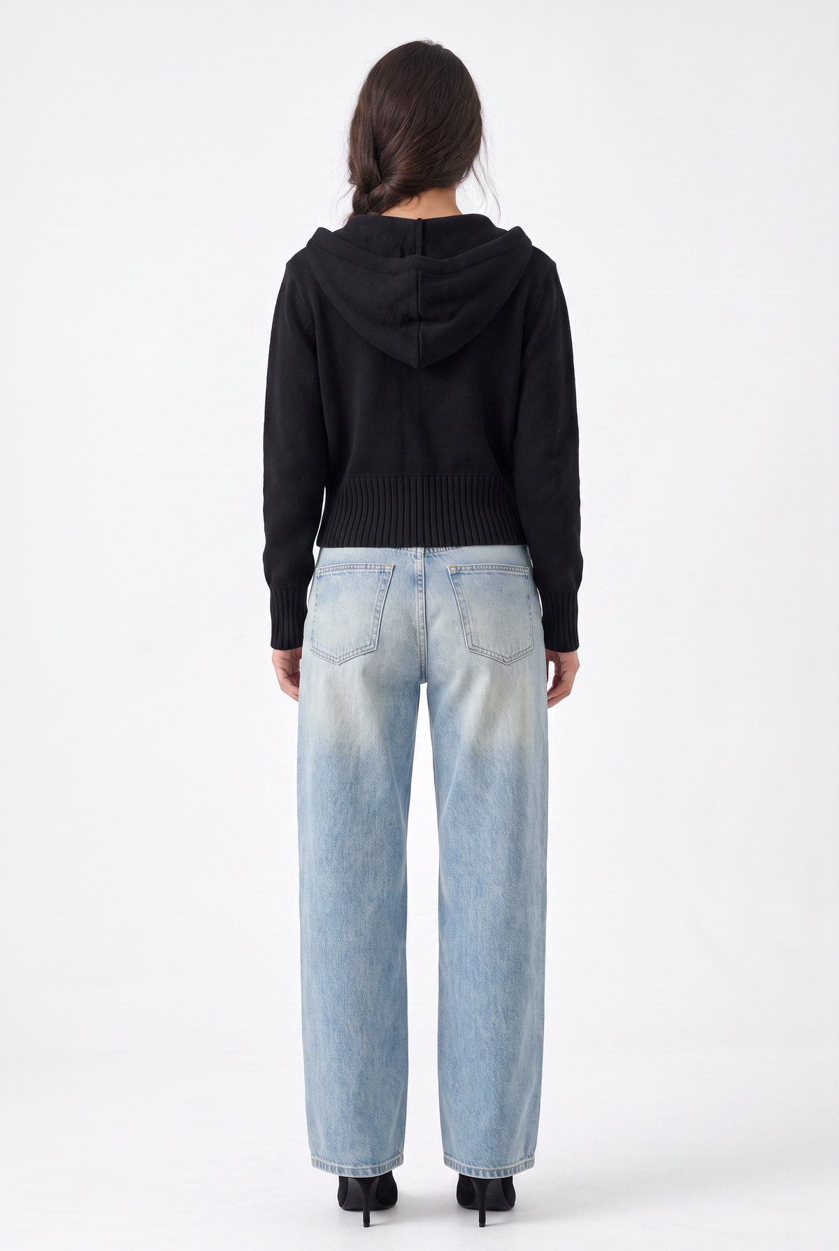Black Cropped Knit Zip Hoodie