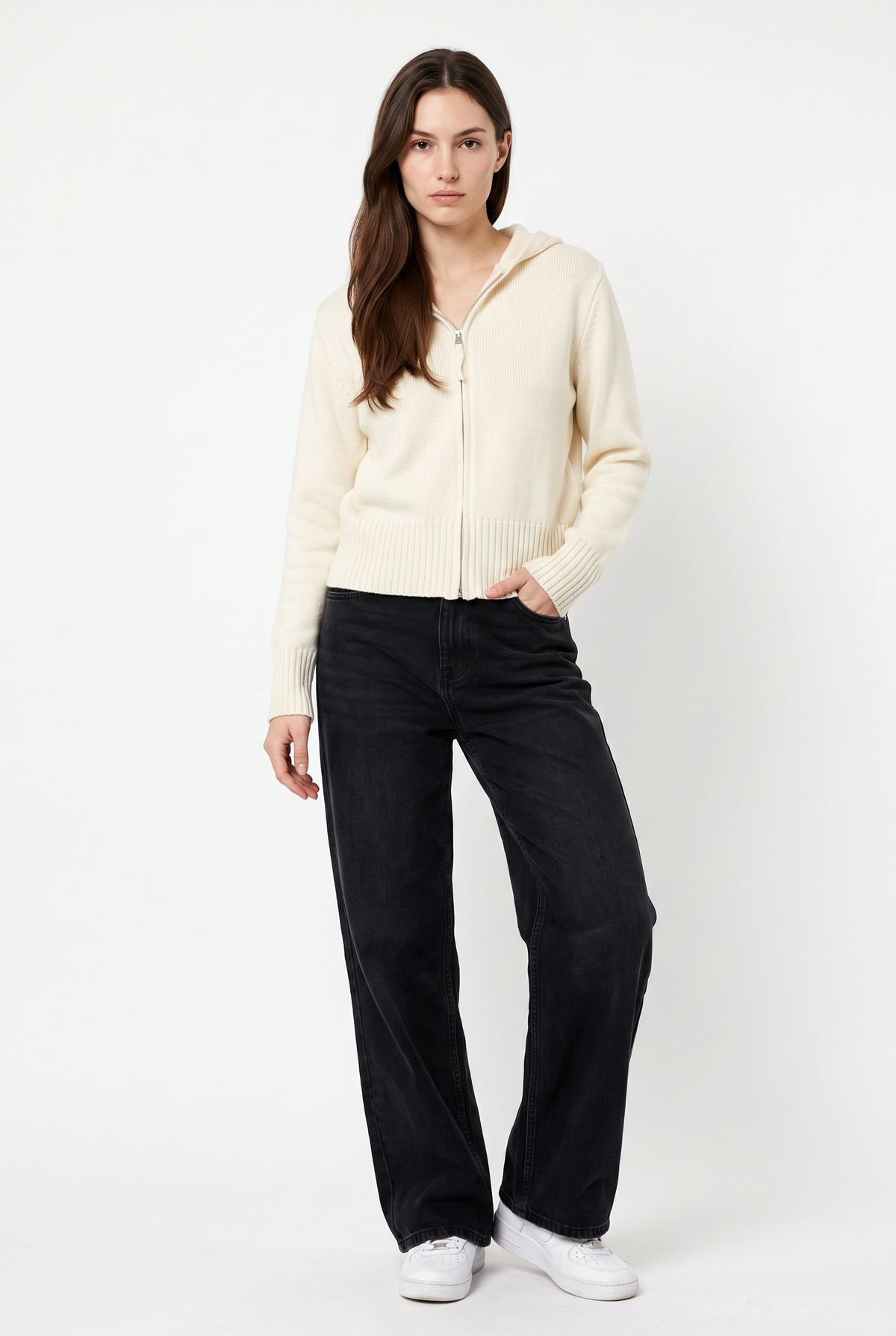 Cream Knit Zip-Up Hoodie Cardigan