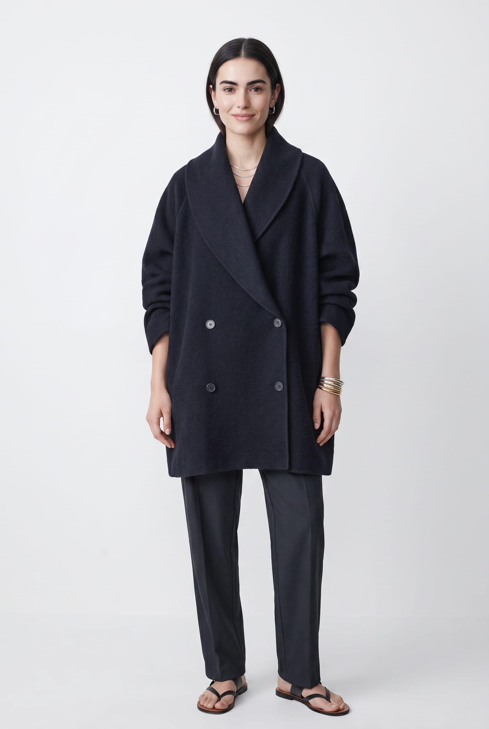 Navy Oversized Double-Breasted Wool Coat