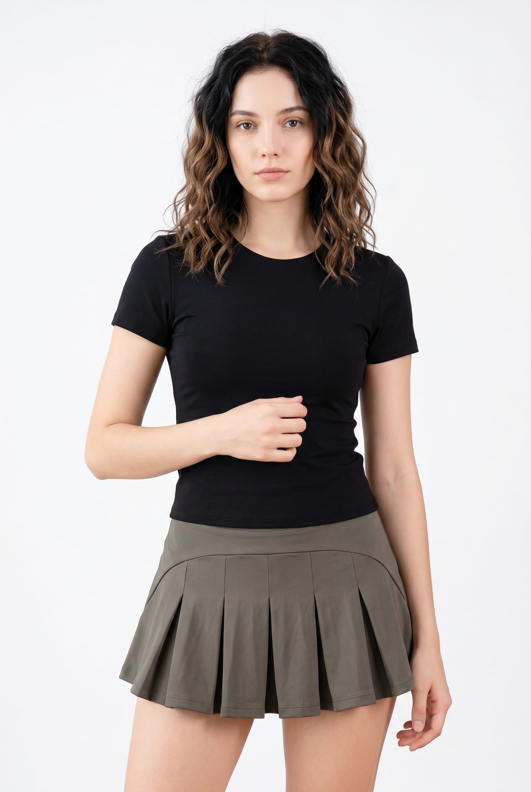 Olive Green Pleated Tennis Mini Skirt