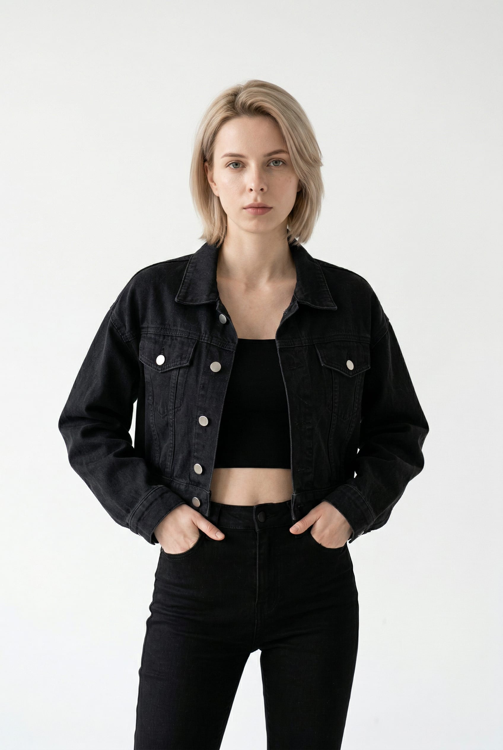 Black Denim Cropped Trucker Jacket