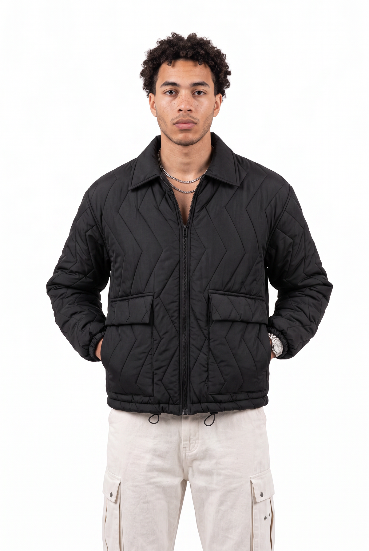 Chevron Quilted Black Zip Jacket