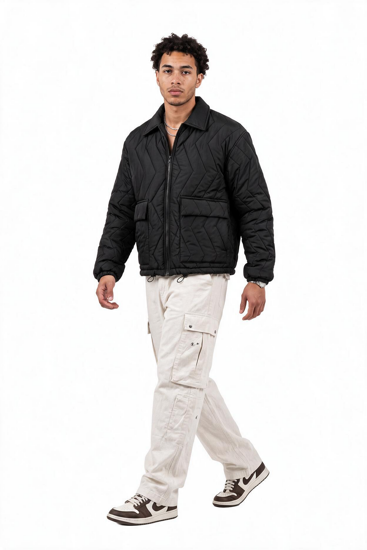 Chevron Quilted Black Zip Jacket