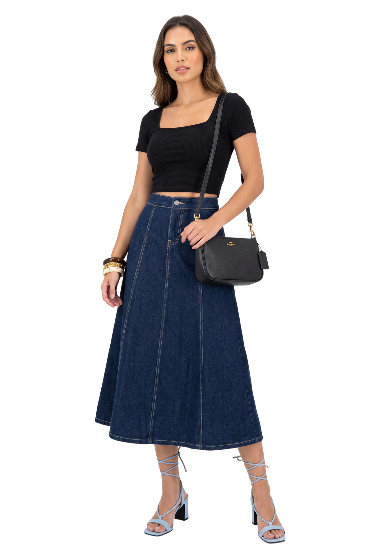 Blue Denim Flared Midi Skirt
