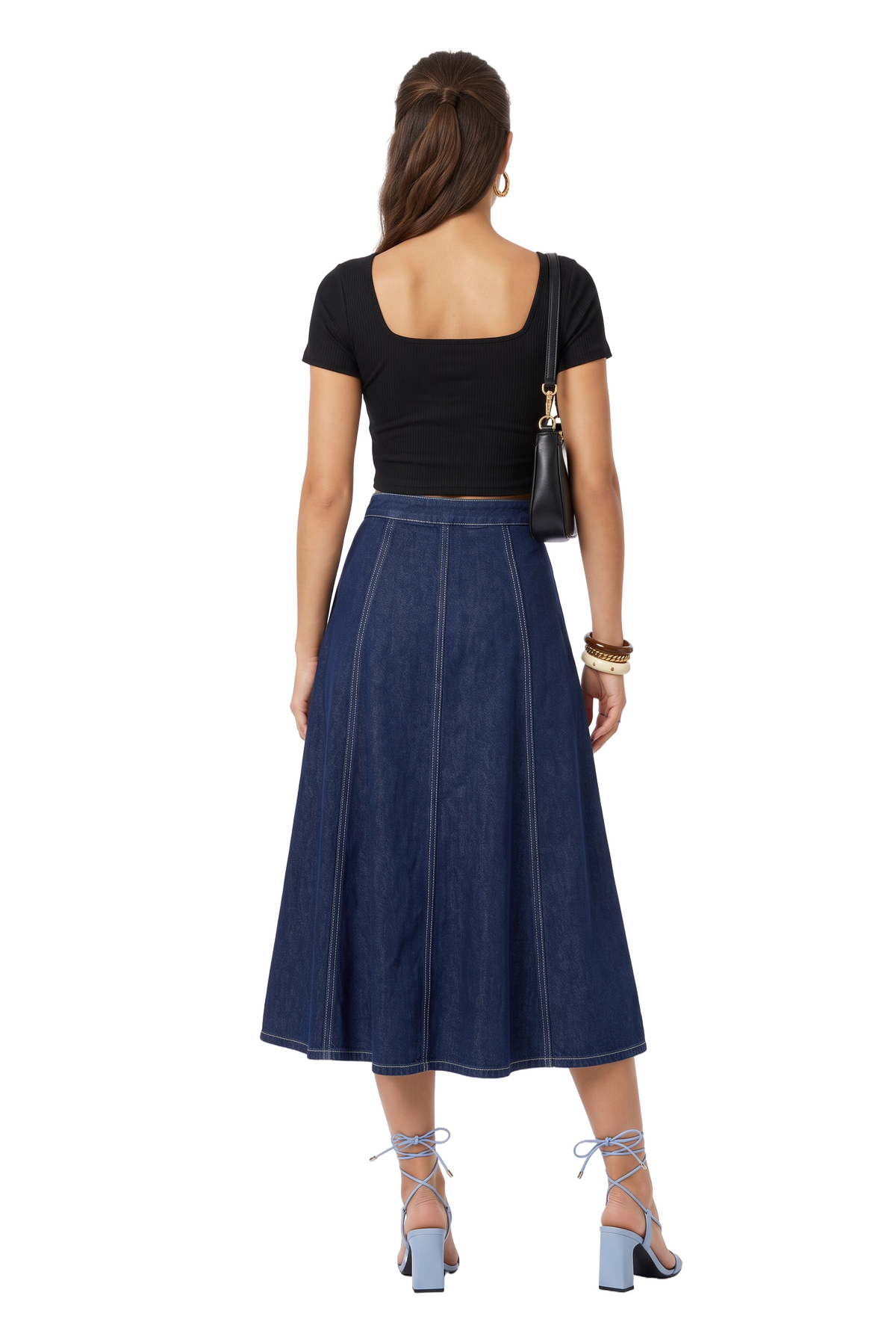 Blue Denim Flared Midi Skirt