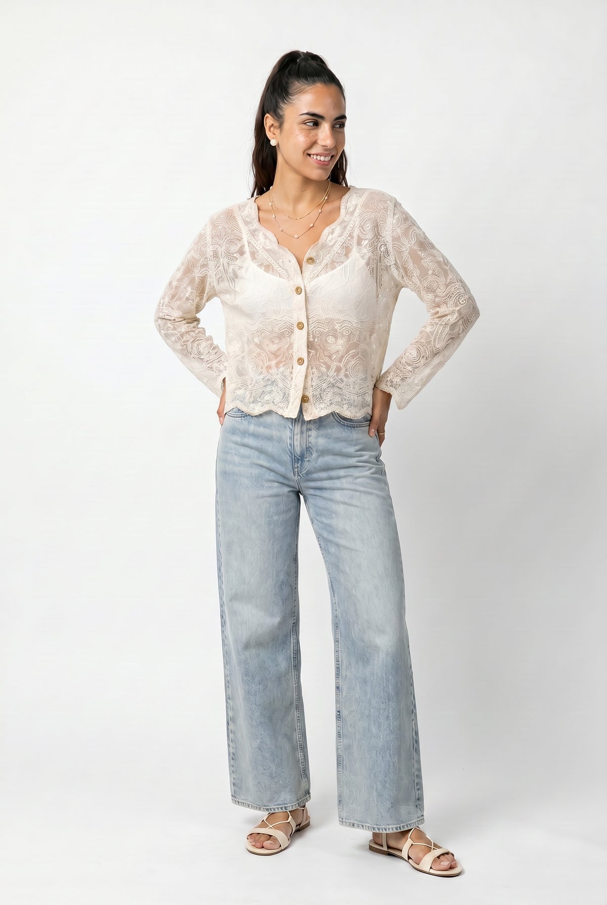 Beige Floral Lace Button-Up Blouse