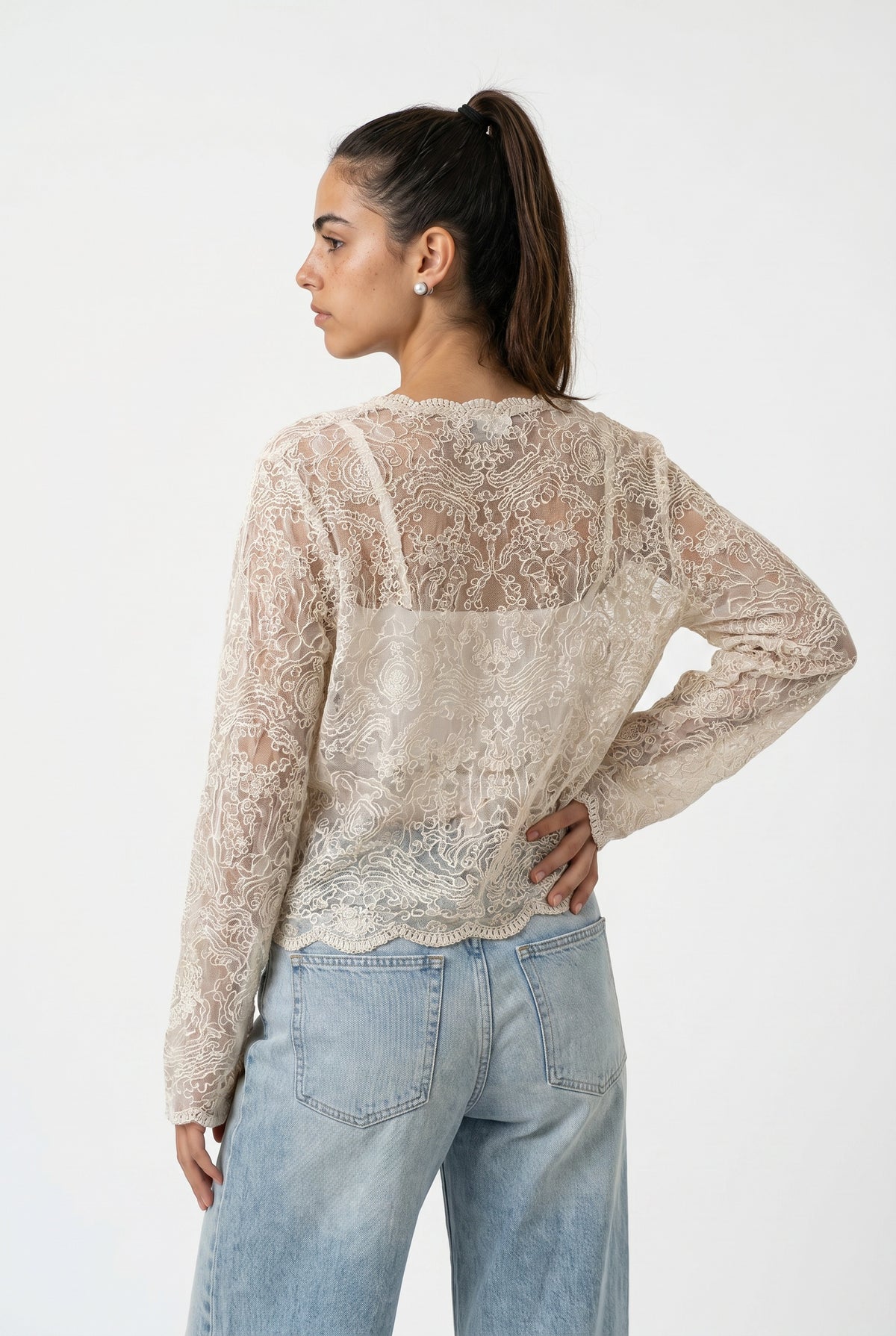 Beige Floral Lace Button-Up Blouse