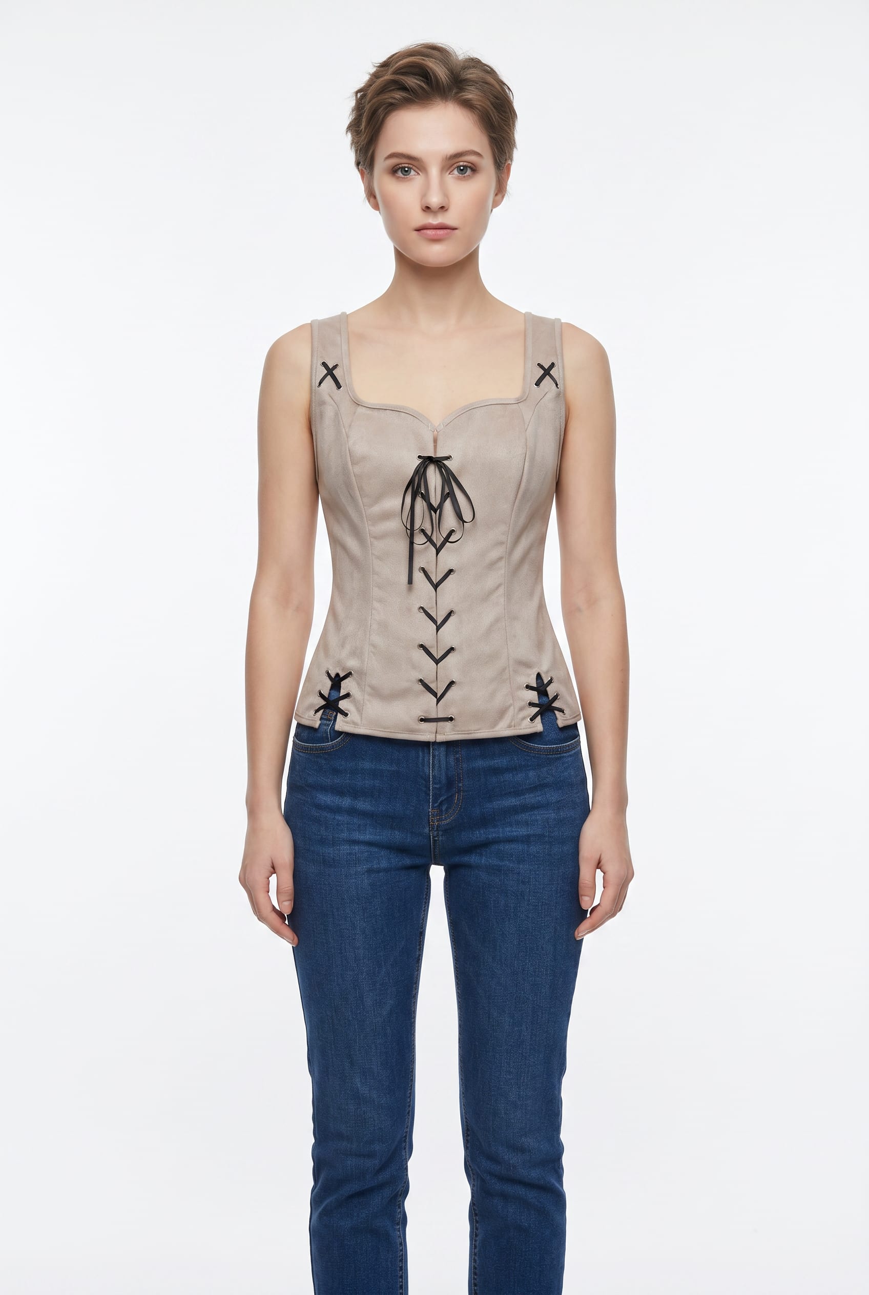 Beige Lace-Up Corset Top