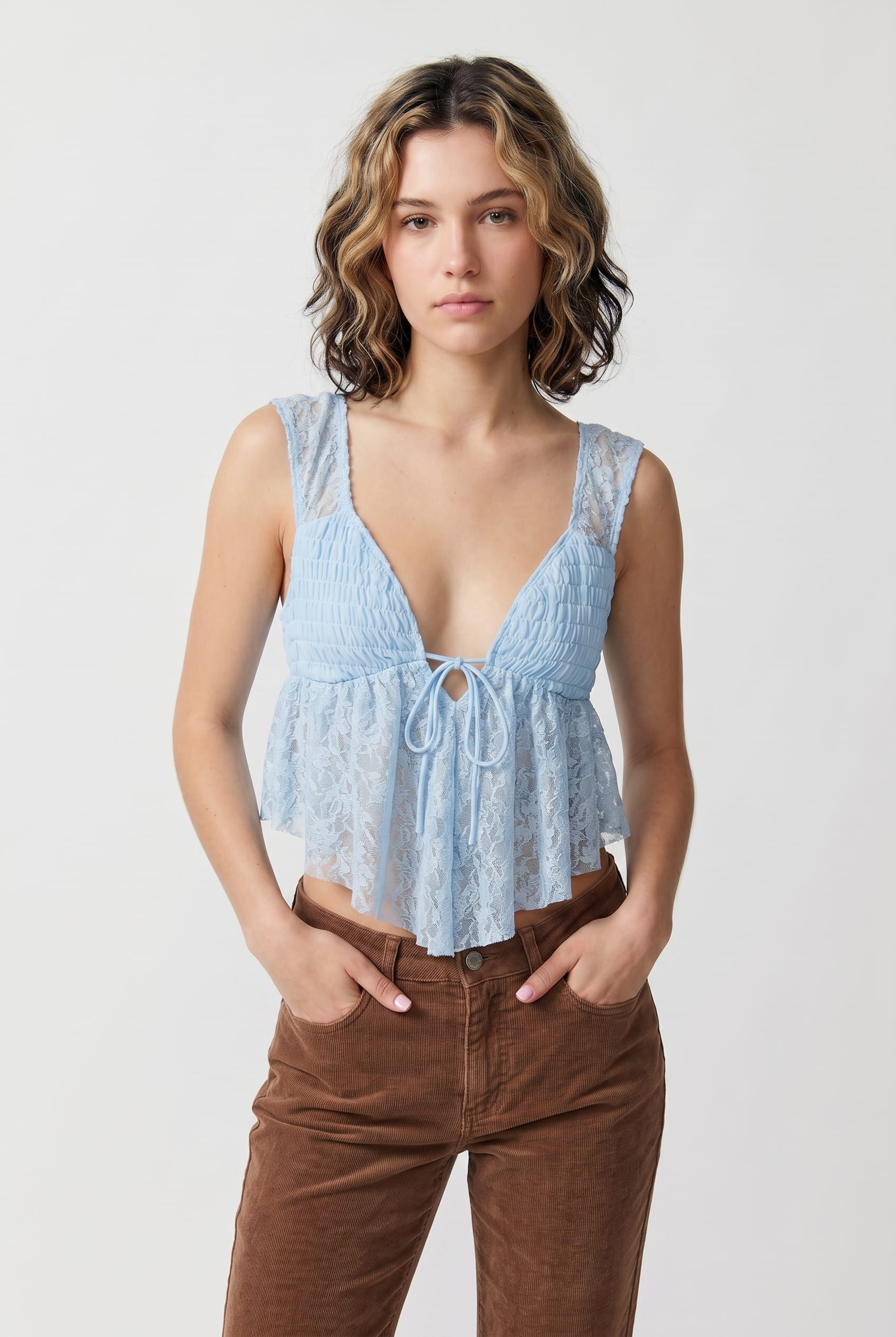 Baby Blue Lace Tie-Front Top