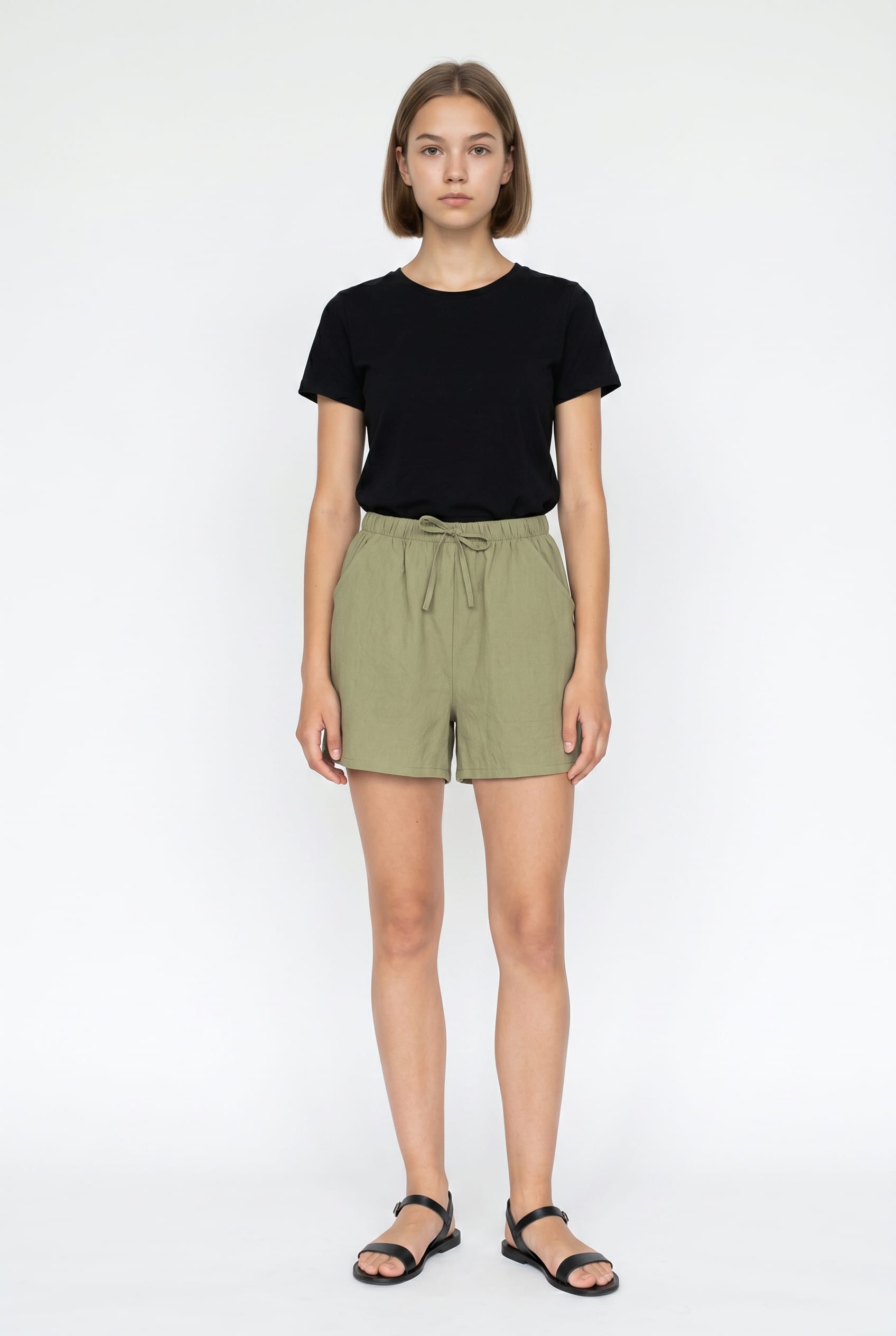 Sage Green Linen Blend Drawstring Shorts