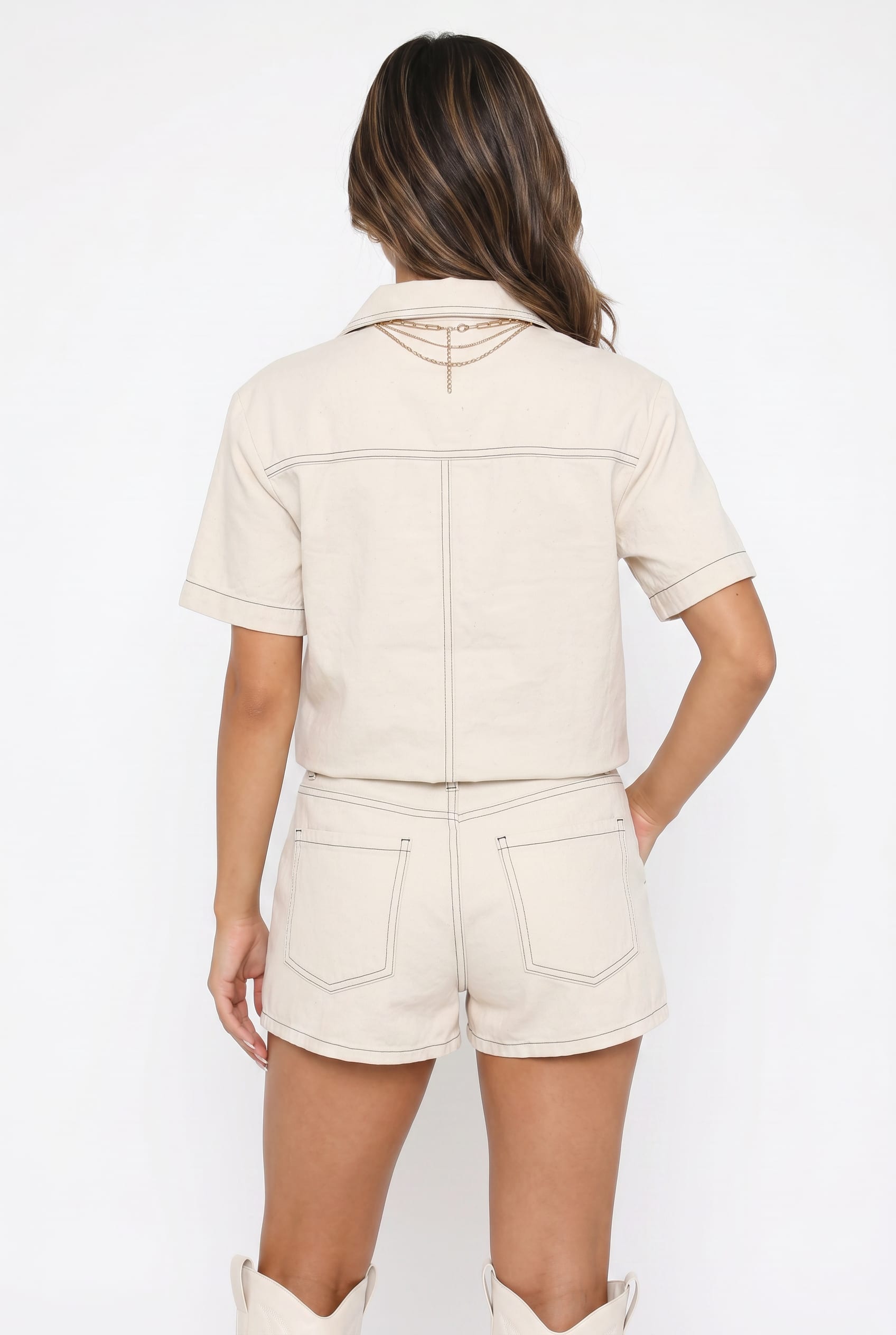 Cream Contrast Stitch Short Set