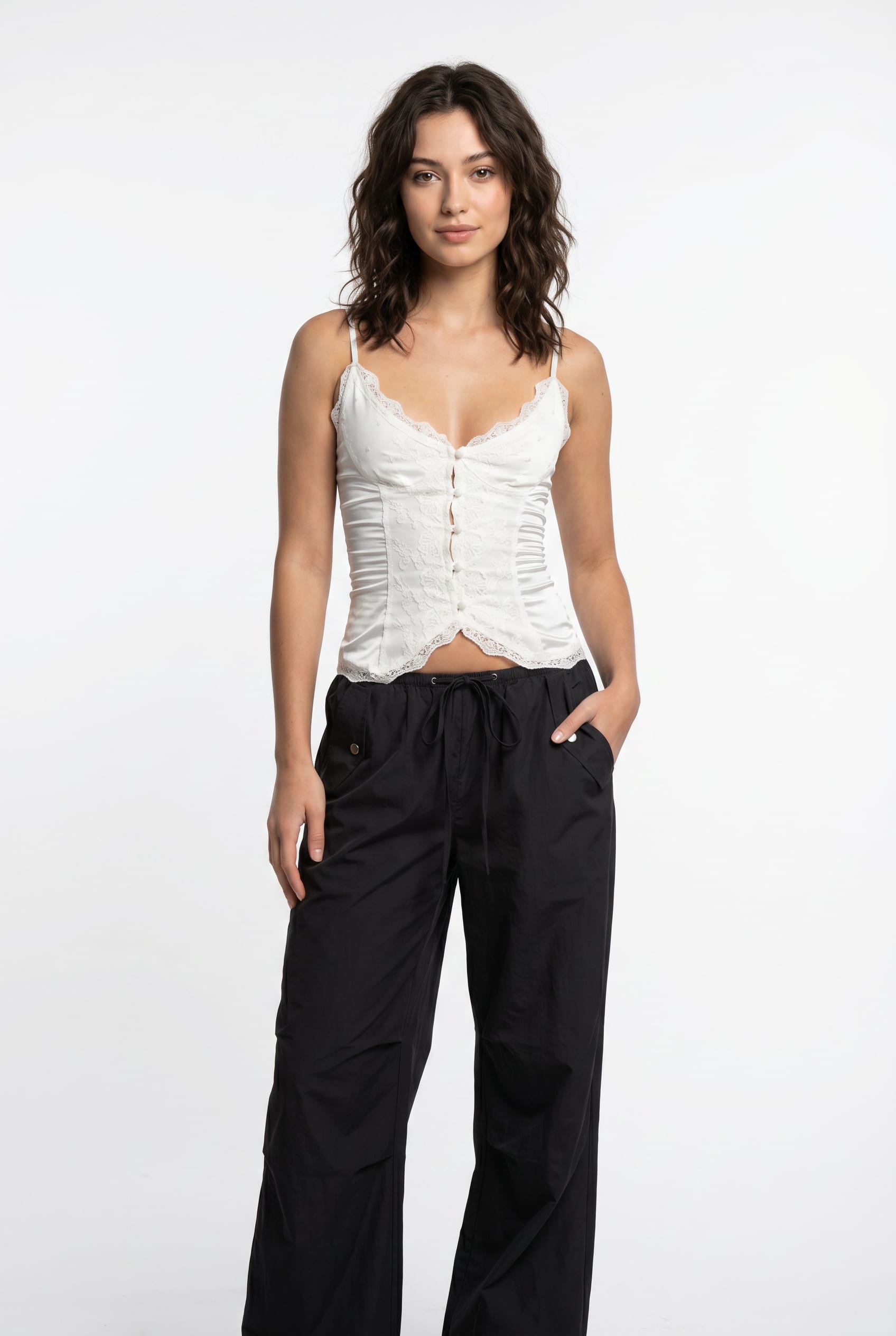 Ivory Lace Trim Ruched Corset Cami