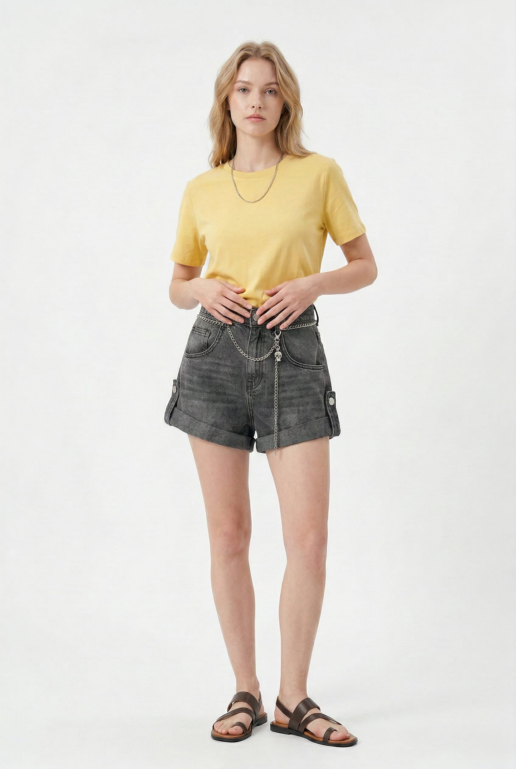 Grey Denim Cuffed Shorts with Chain