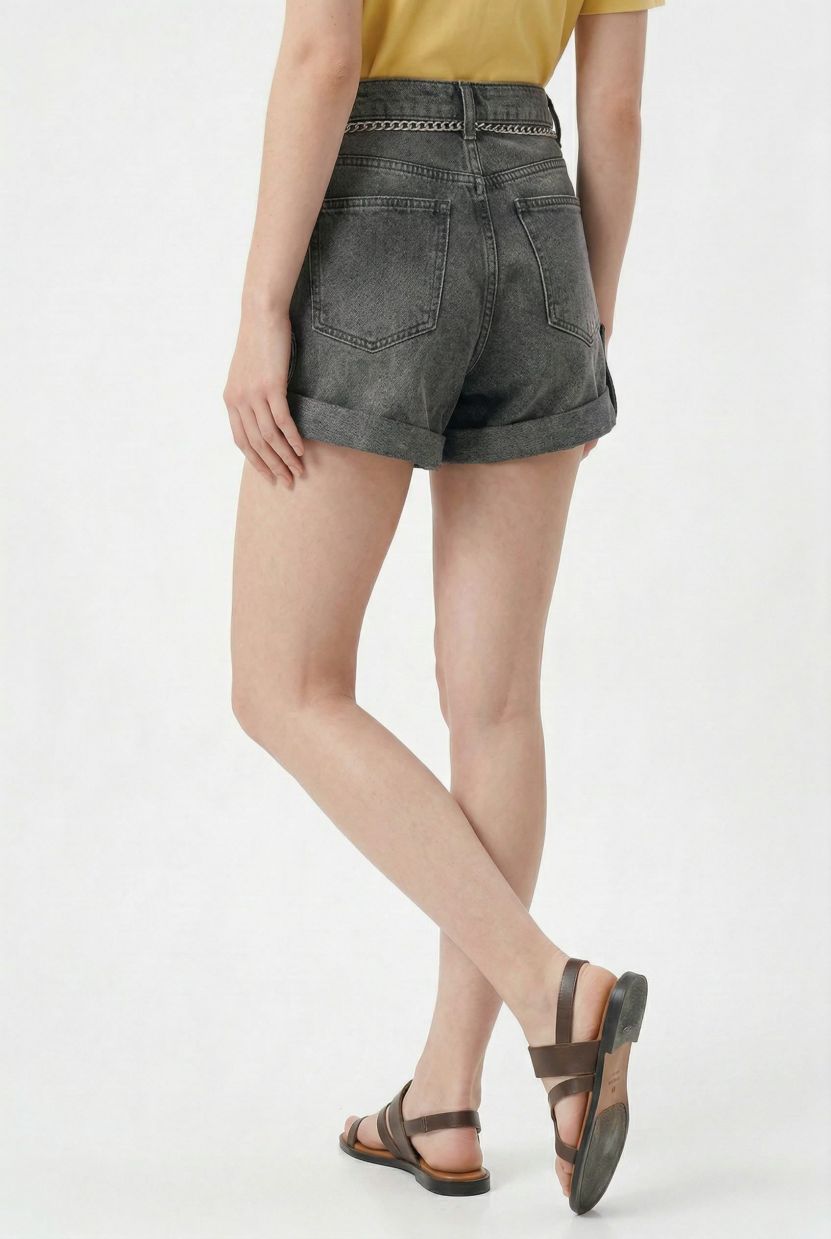 Grey Denim Cuffed Shorts with Chain