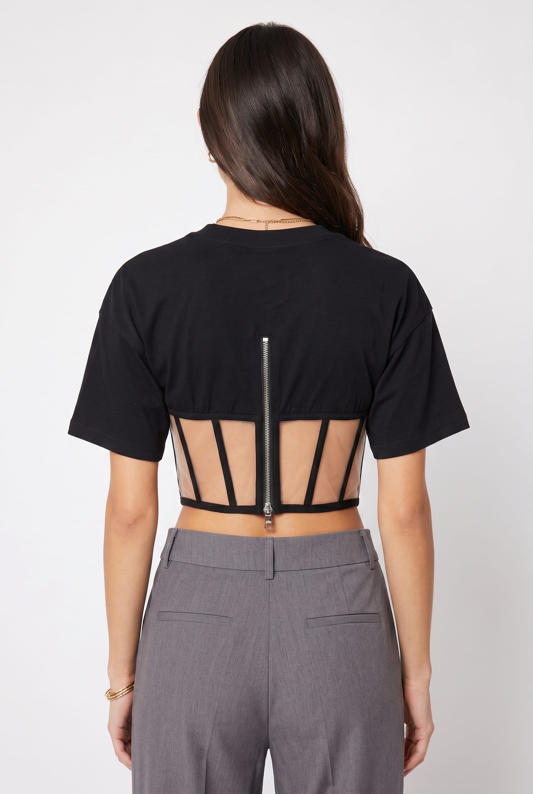 Black Corset Print Cropped Tee