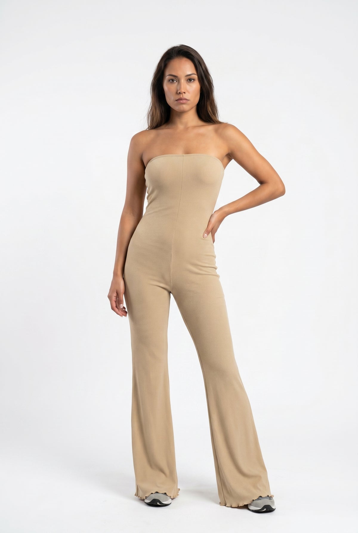 Beige Strapless Flare Jumpsuit