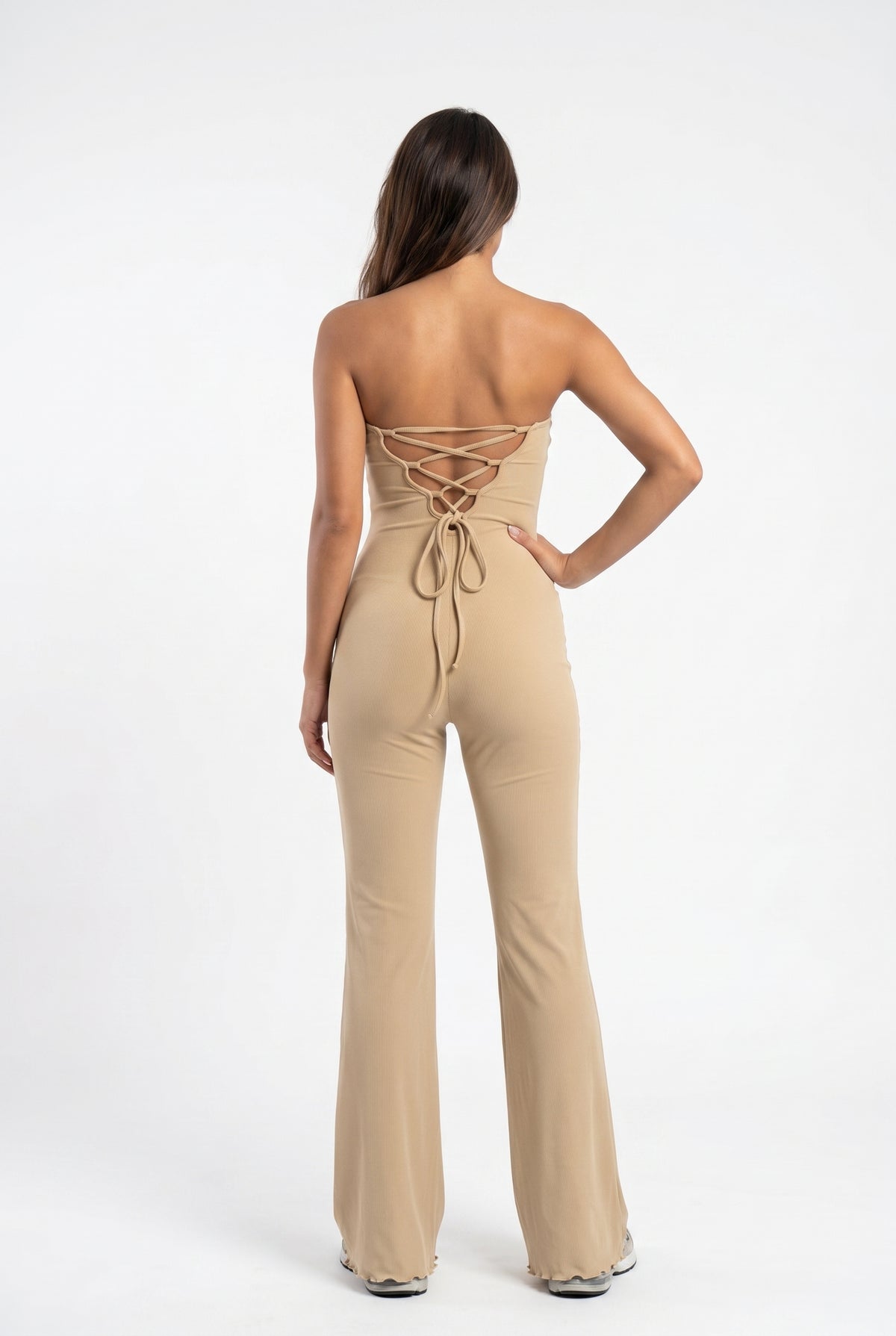 Beige Strapless Flare Jumpsuit