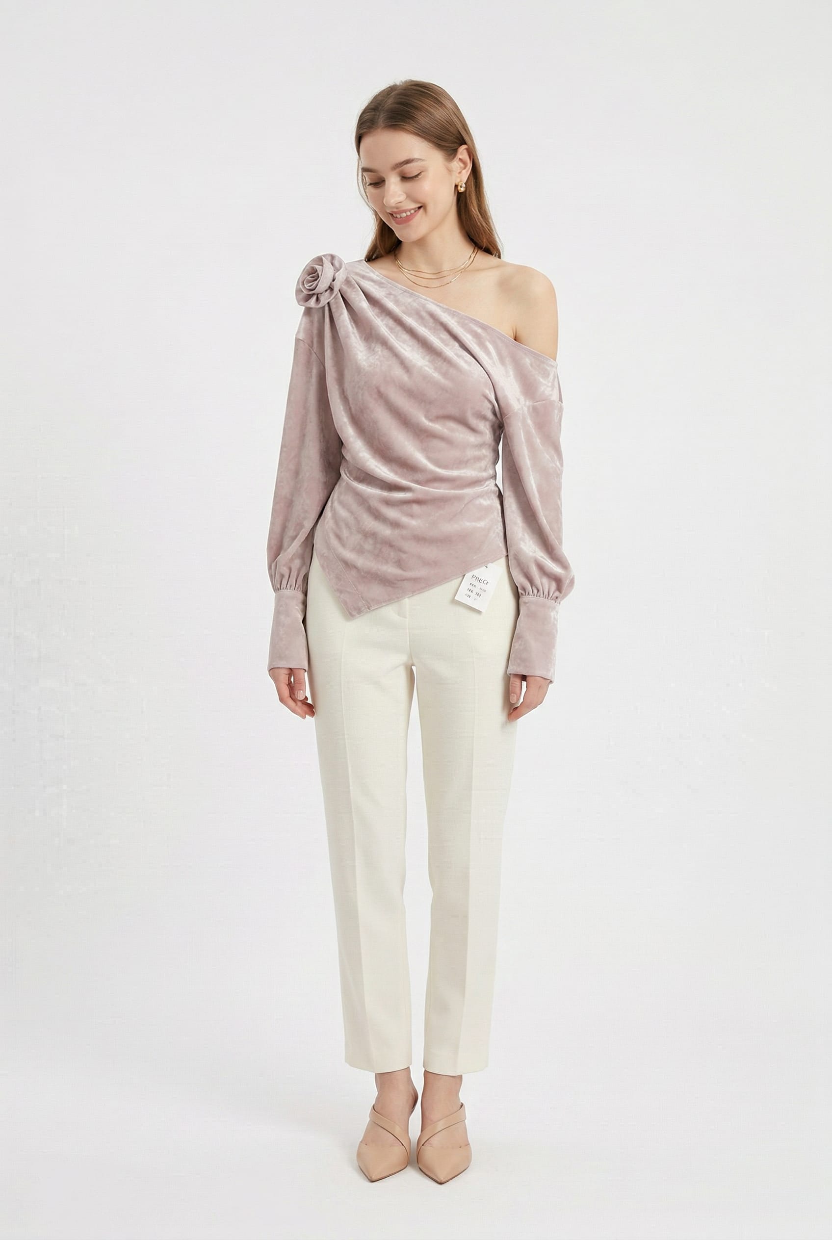 Mauve Velvet One-Shoulder Rosette Top