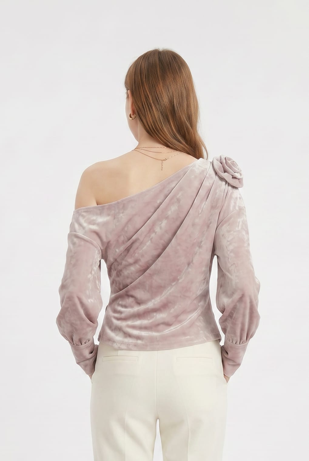 Mauve Velvet One-Shoulder Rosette Top