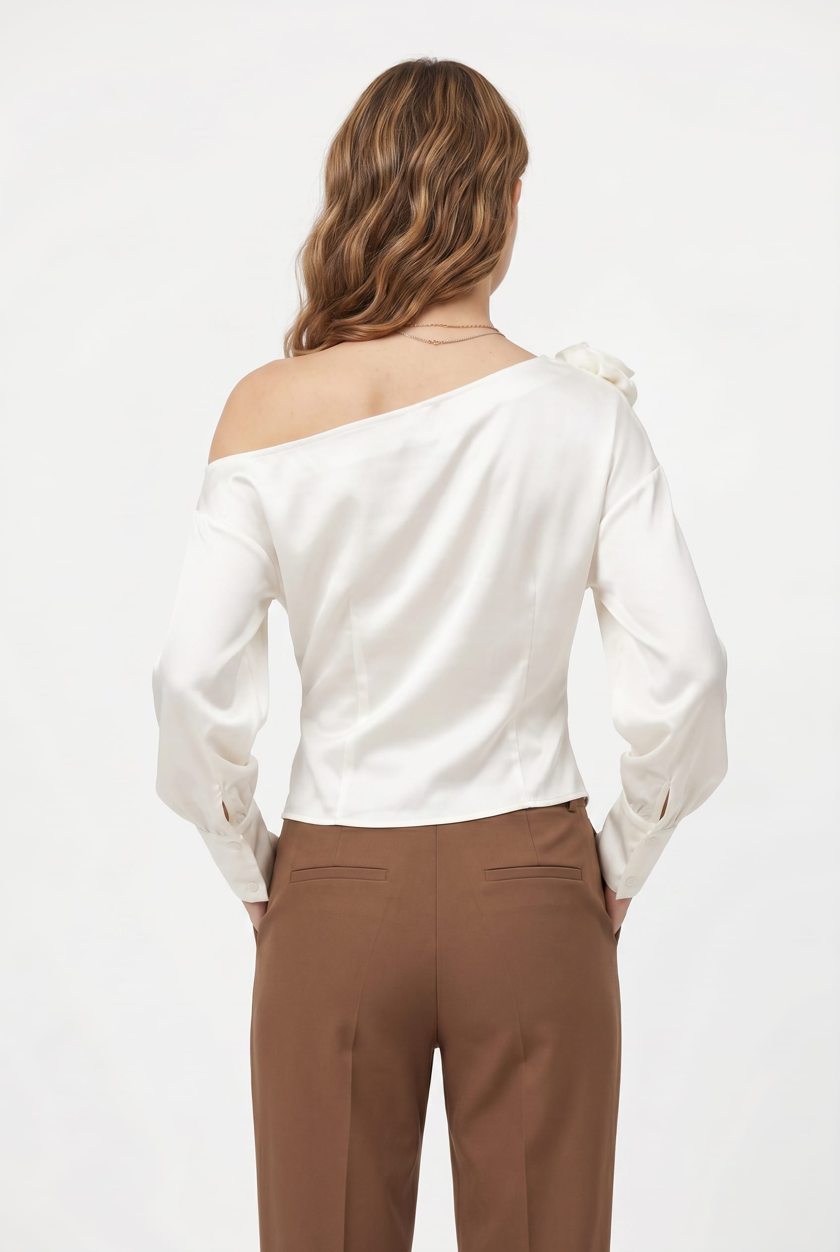 Ivory Asymmetric Off-Shoulder Satin Blouse