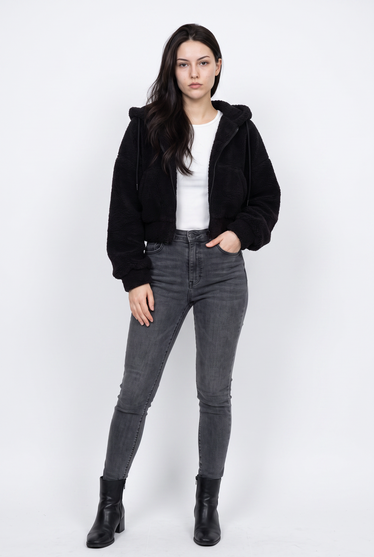 Black Cropped Sherpa Hoodie Jacket