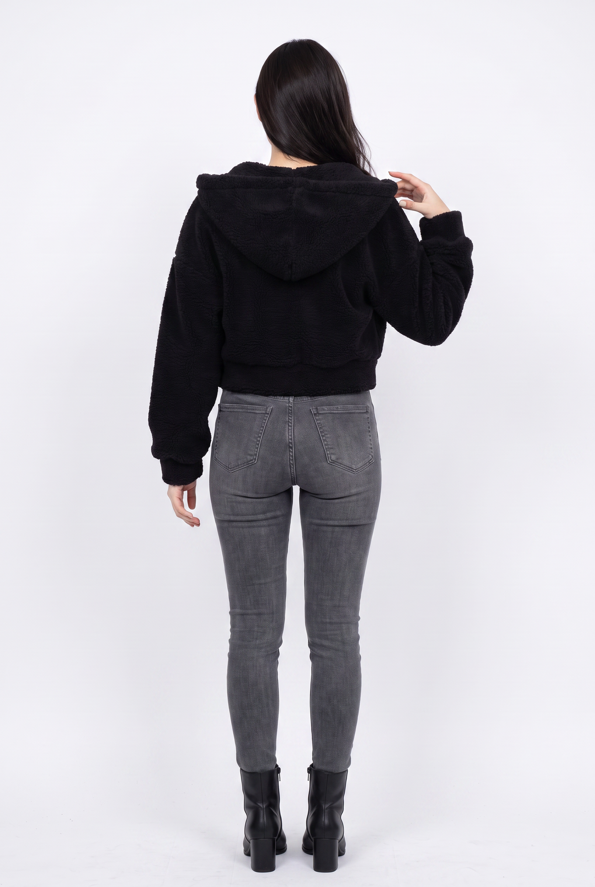 Black Cropped Sherpa Hoodie Jacket