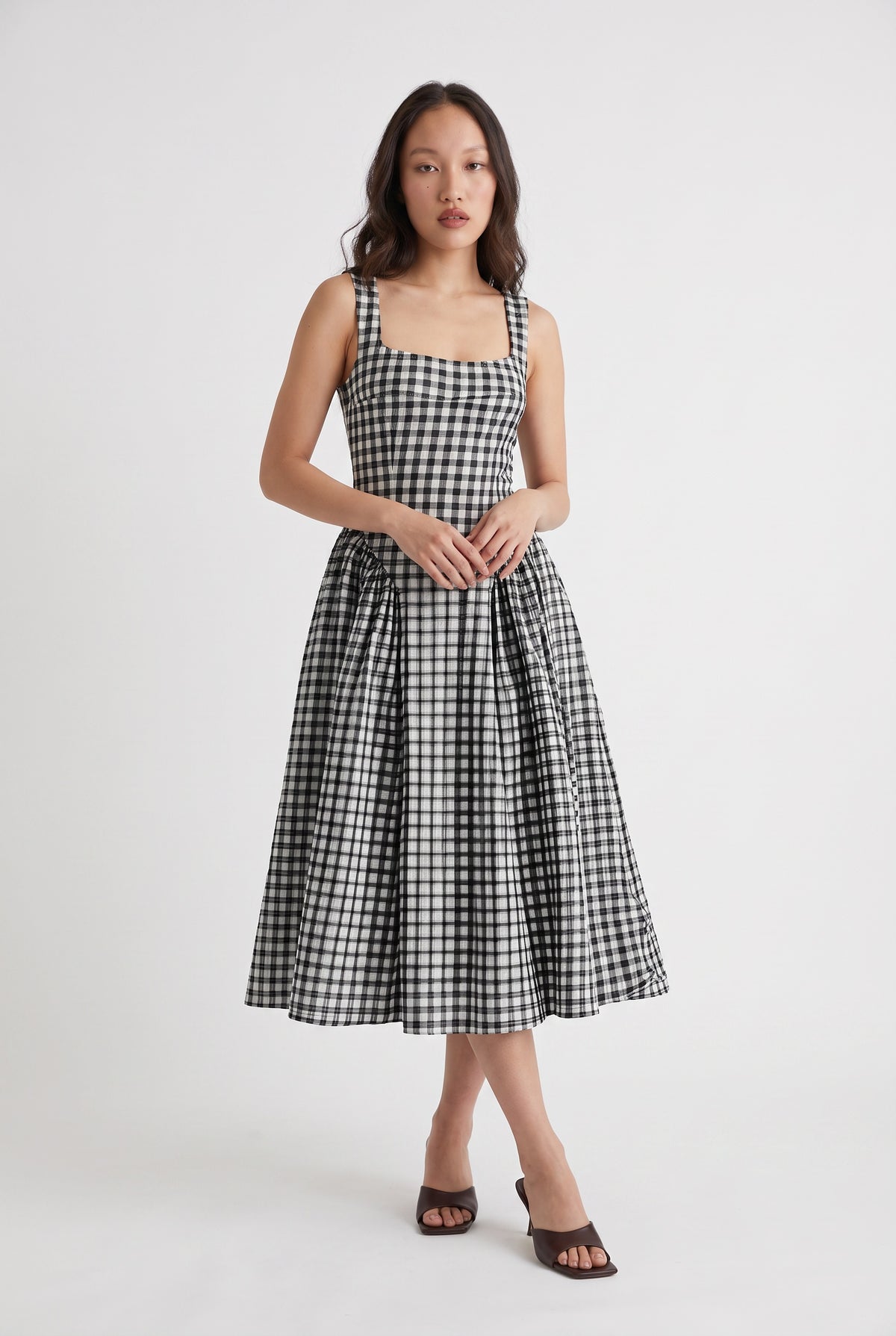 Black Gingham Corset Midi Dress