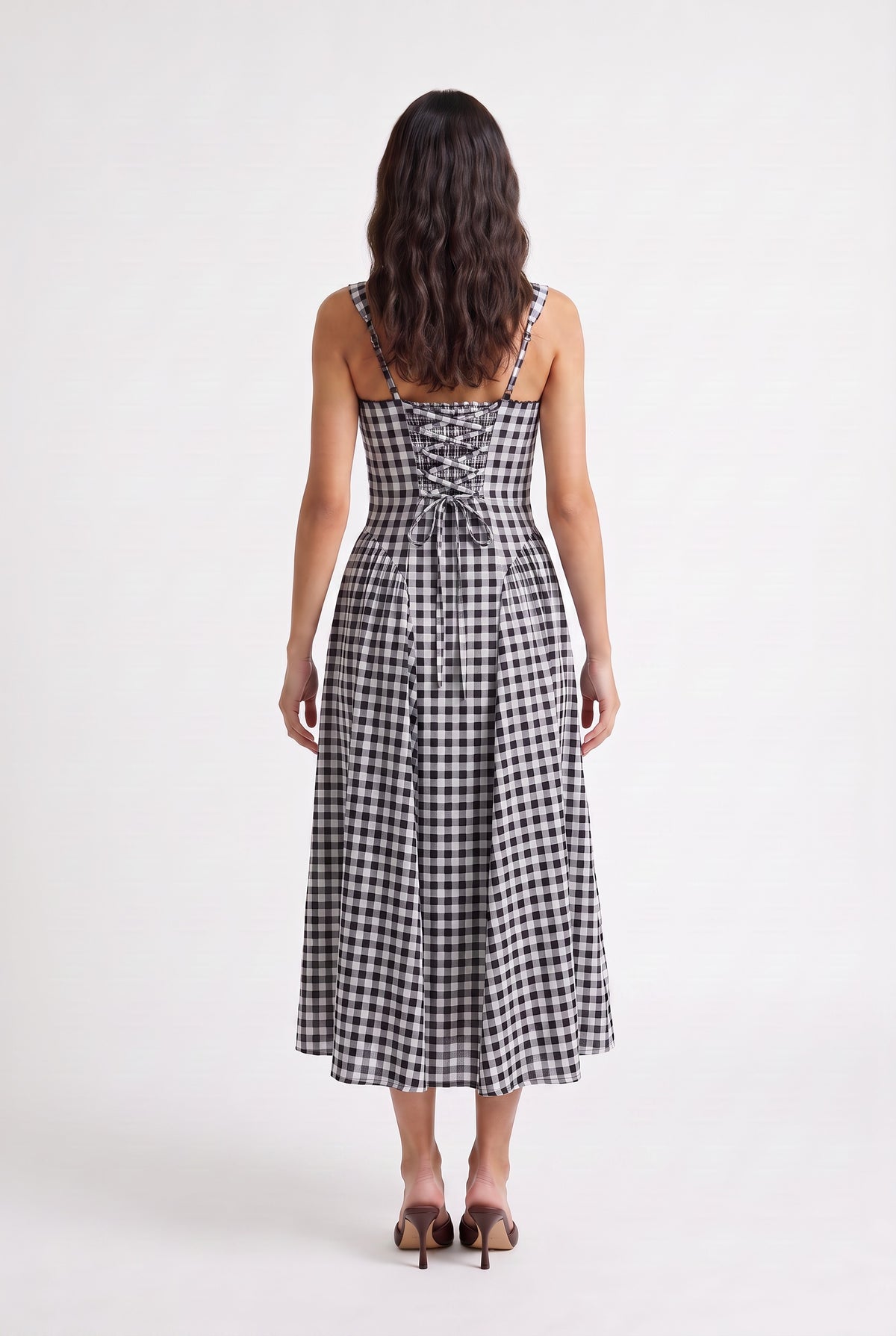 Black Gingham Corset Midi Dress