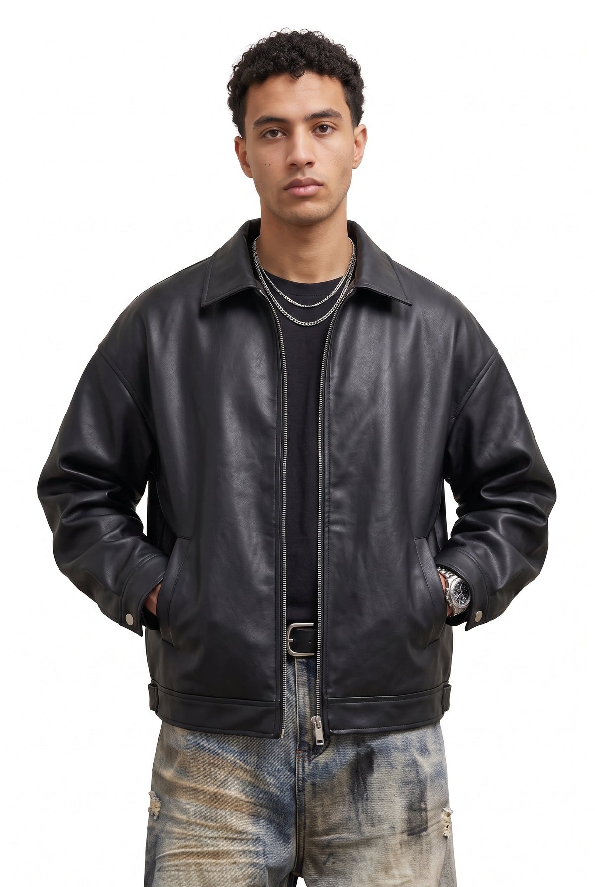 Oversized Black Leather Zip Jacket