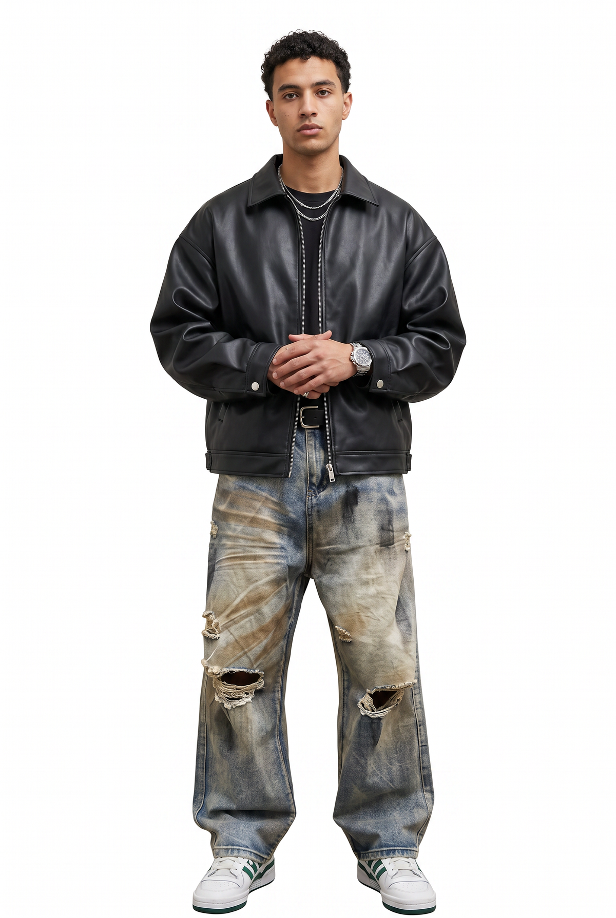 Oversized Black Leather Zip Jacket