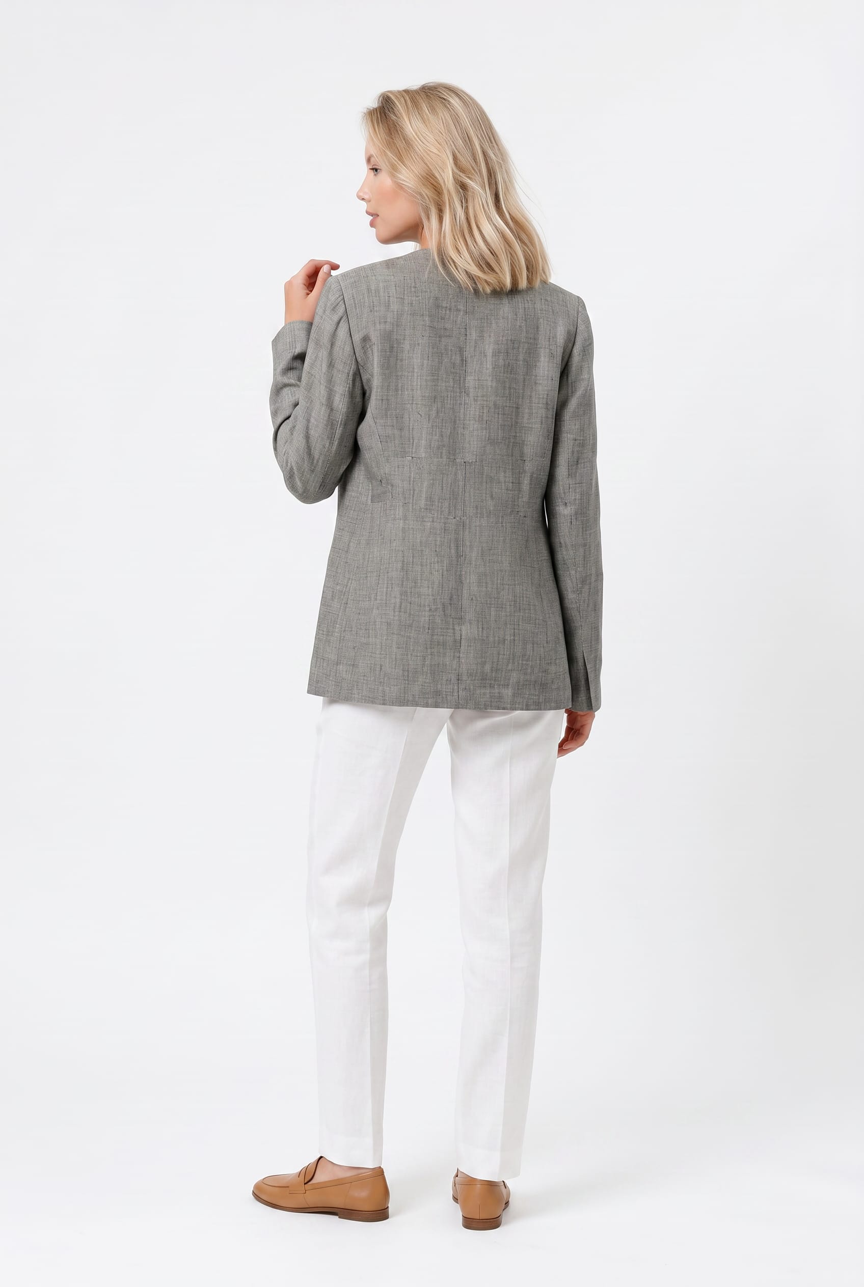 Grey Linen-Blend Open Front Blazer