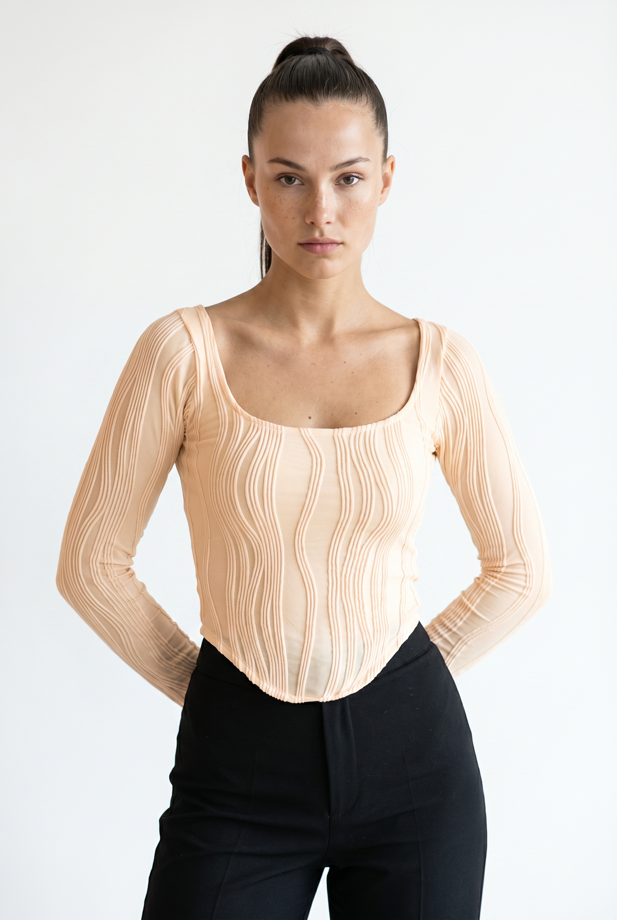 Peach Wave Textured Bodysuit Top